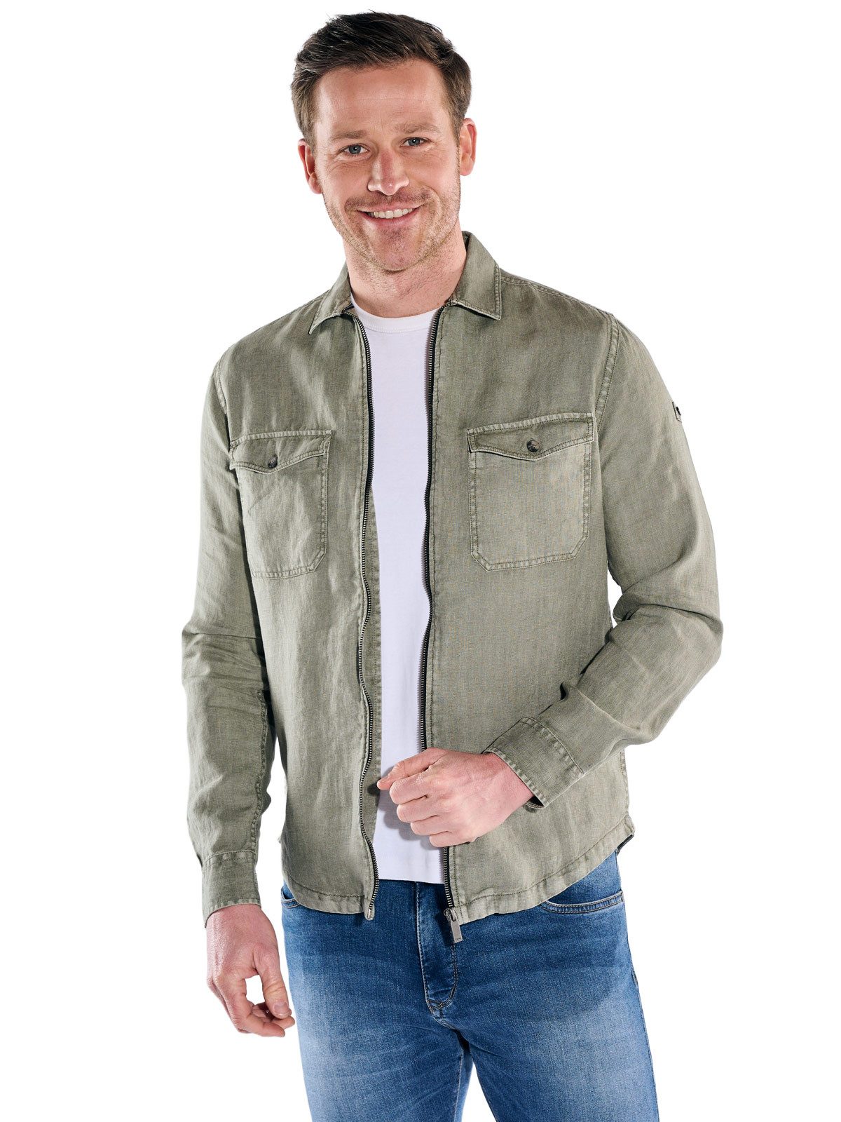 Engbers Langarmhemd Herren Leinen Overshirt mit Zipper, Oliv