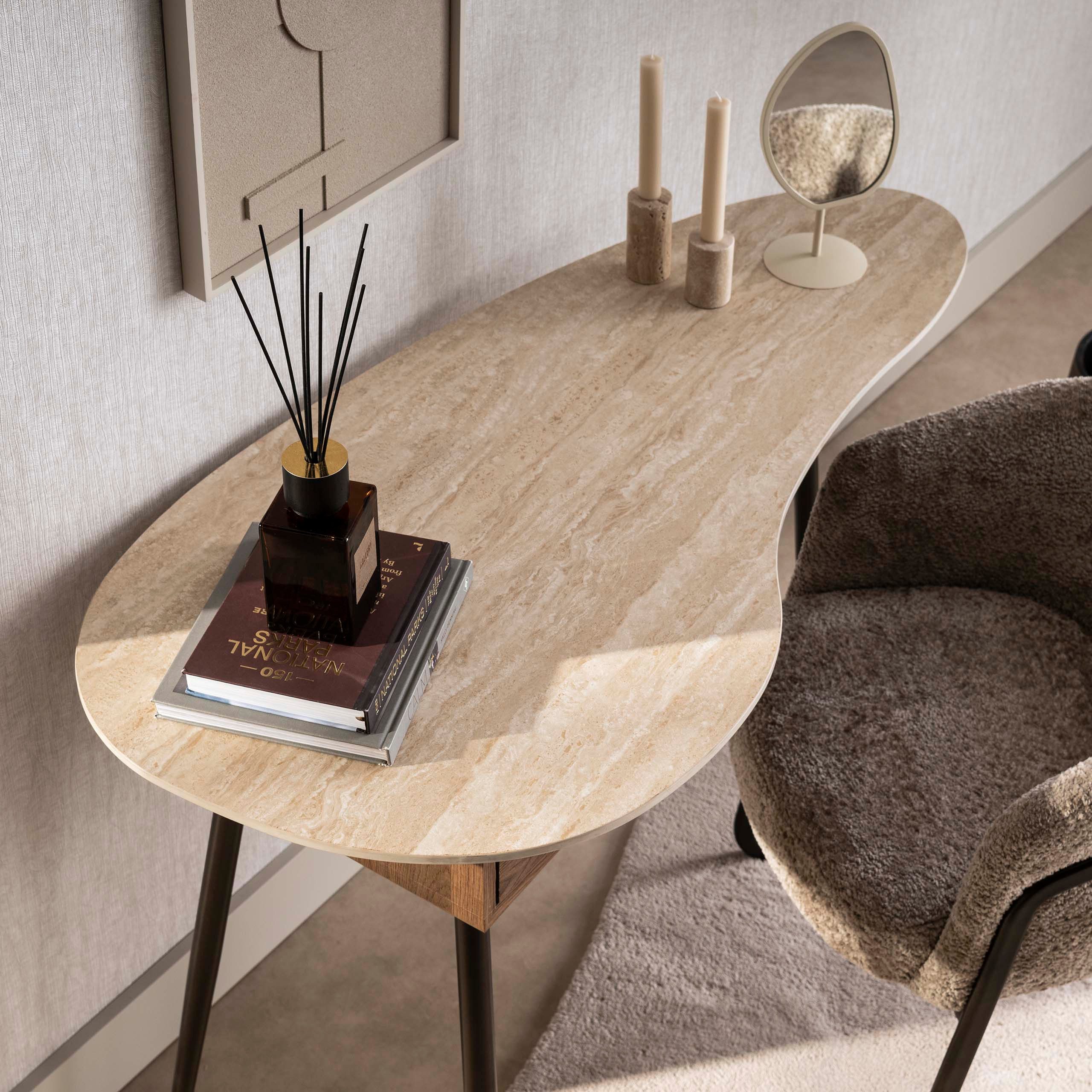 LEVEN Lifestyle Schminktisch TRAVENTO Konsolentisch organisch geformte Tischplatte Travertin Look, Tischplatte aus hochwertiger Keramik