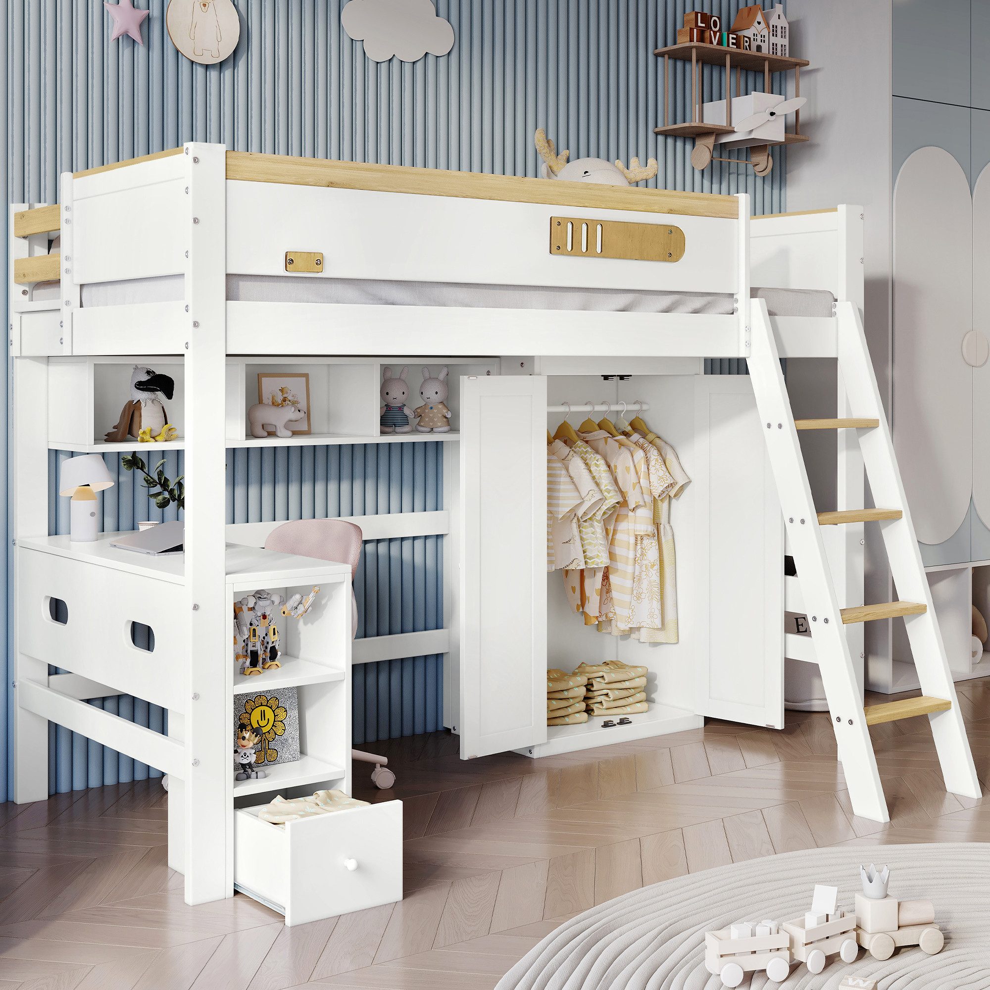 Merax Hochbett 90x200cm mit Rausfallschutz und Leiter Kinderbett mit Schreibtisch, Kleiderschrank und offenen Regale