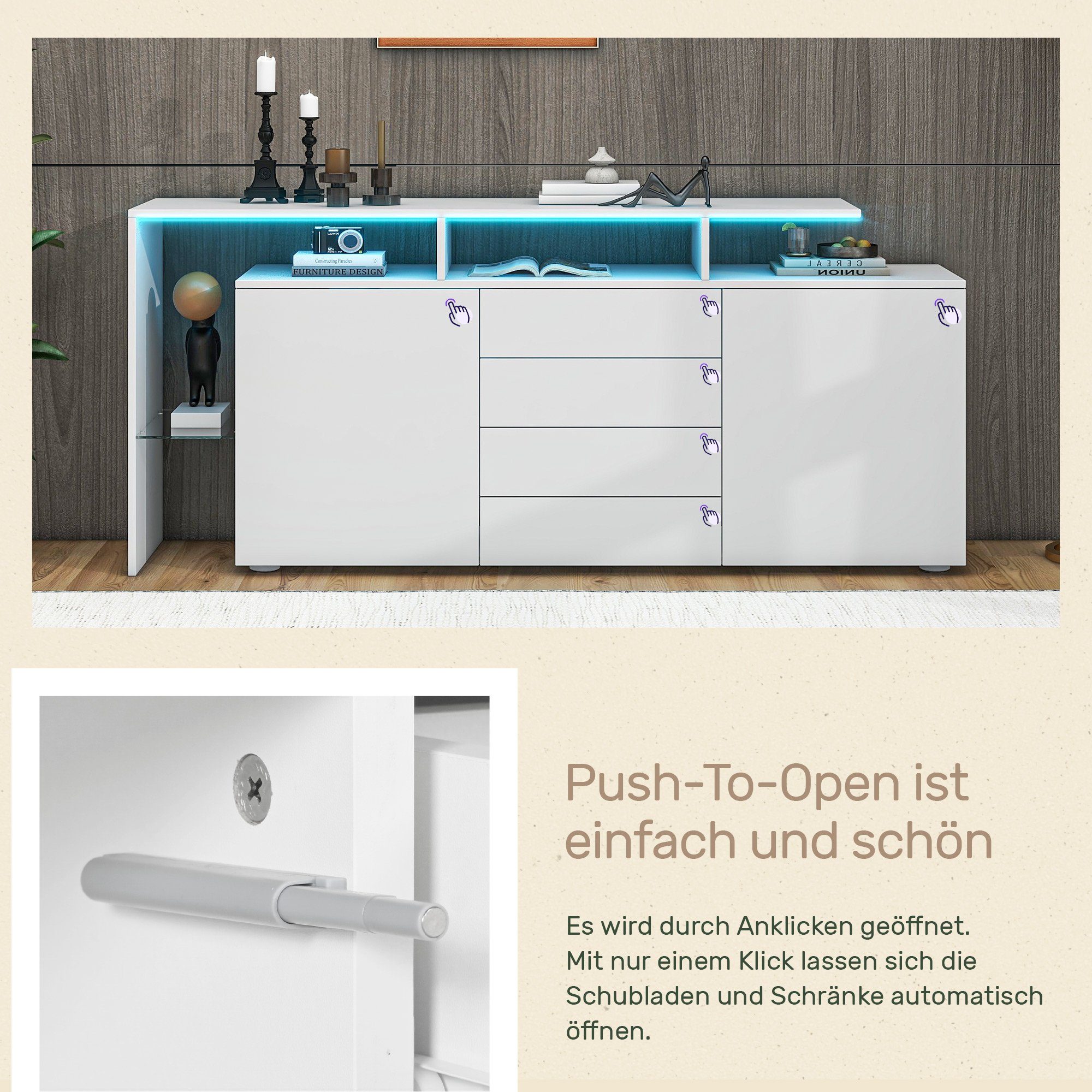 WFL GROUP Sideboard Arysa 150cm - Industrial-Loft Design Mit Rillenfronten & Push-to-Open, Walnuss Optik