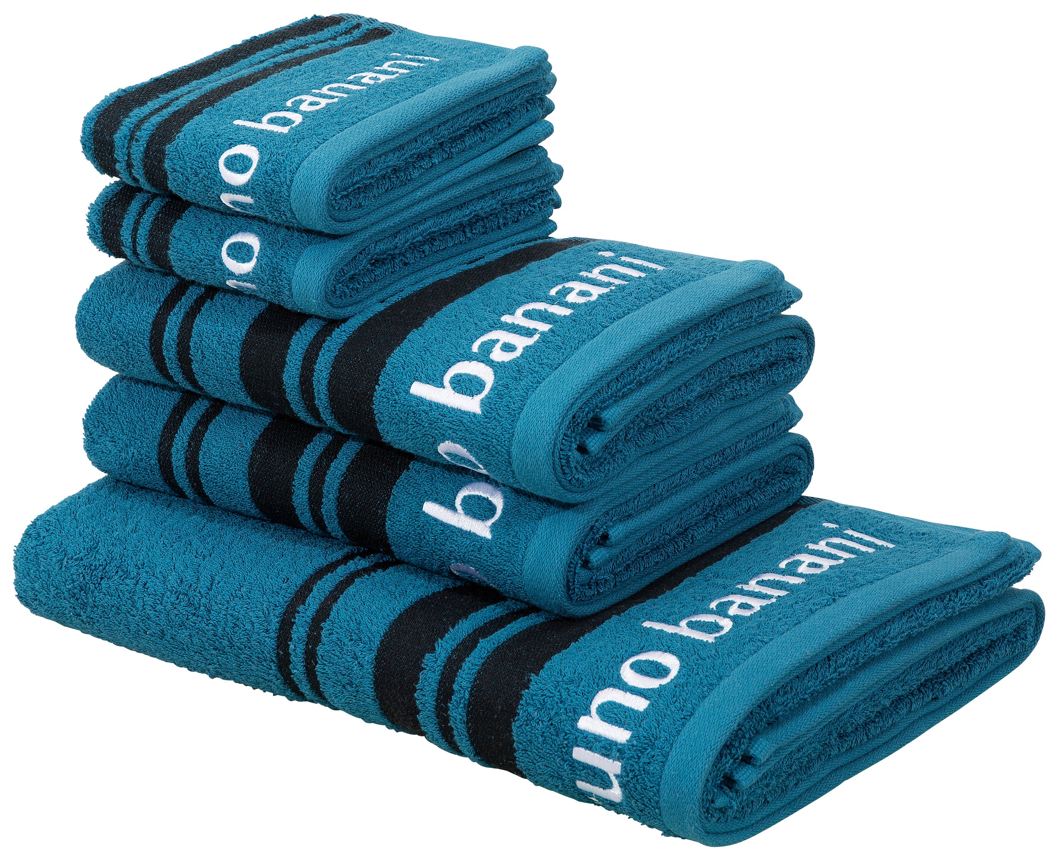 Bruno Banani Handtuch Set Daniel, 1 Duschtuch 70x140, 2 Handtücher 50x100, 2 Gästetücher 30x50, Walkfrottee (Set, 5-St), Streifen-Bordüre & Markenlogo, weich, 100% Baumwolle