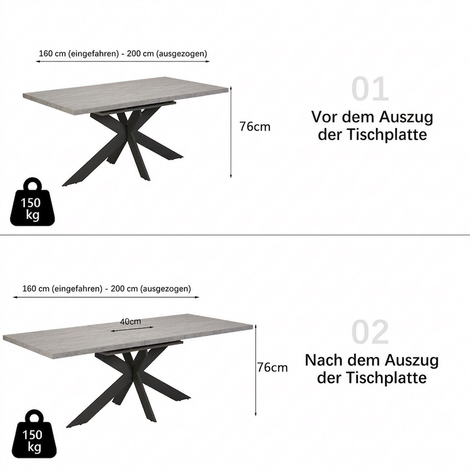Jiexi Esstisch Ausziehbarer Esstisch 160-200cm MDF Rhein-Optik Metall Kreuzgestell