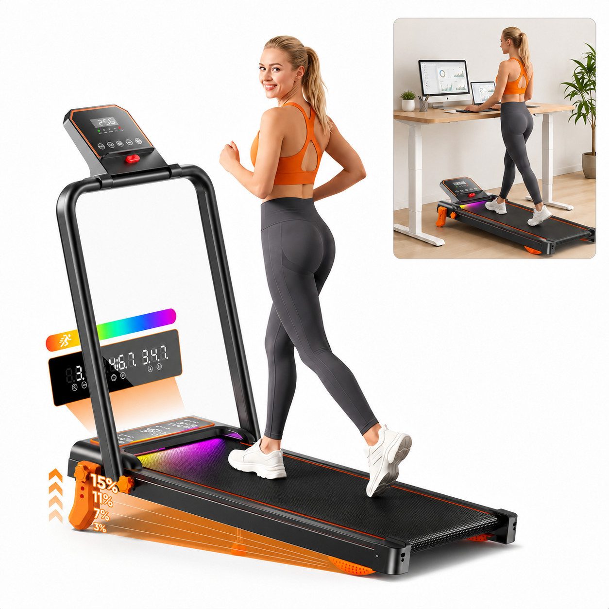 GIDGIMO Laufband FlexRun Pro Laufband 12 km/h mit 15 % Steigung, klappbar, App (für Zuhause & Büro), 6 IN 1 Walking Pad, LED Tempolicht, Bis 120kg Belastbar