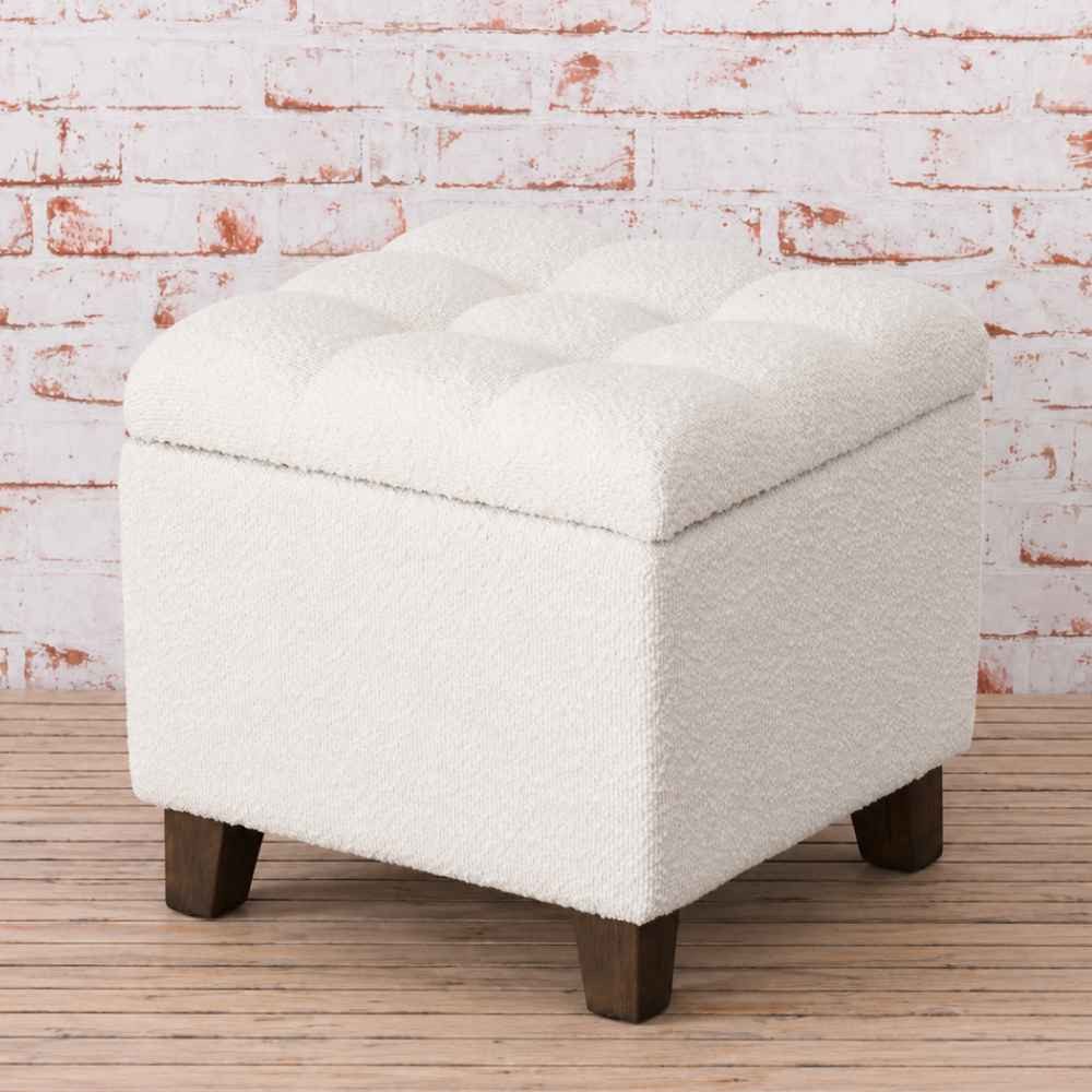 AltoBelli Sitzhocker AltoBelli Hocker BIANCO mit Stauraum Bouclé Creme Weiß 38x35 cm
