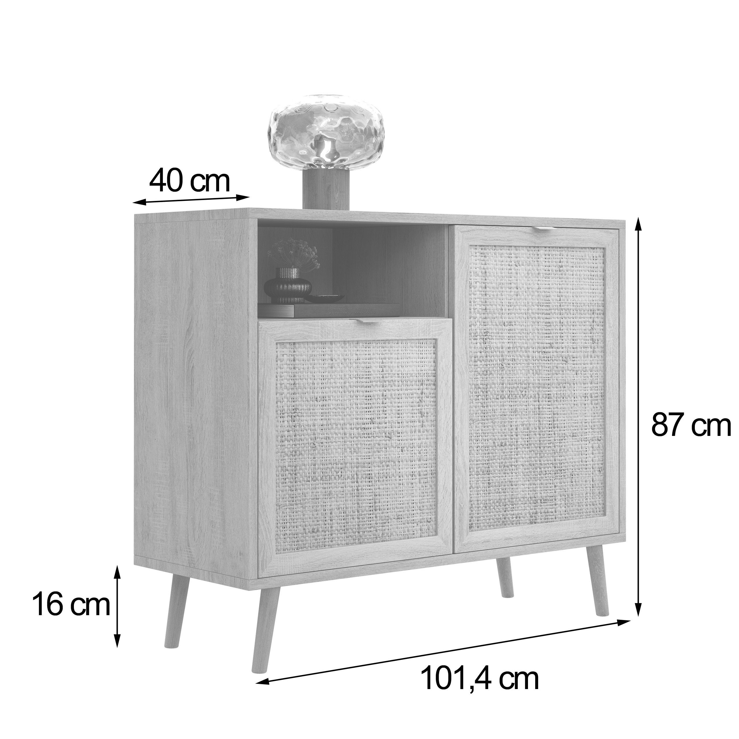 Newroom Sideboard Rattan Optik 102 cm, Kommode Sonoma Eiche Rattan Modern Boho Skandinavisch Highboard