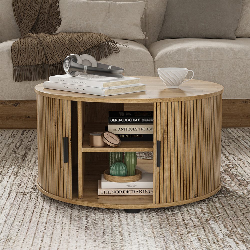 Vicco Couchtisch Selva, Eiche, 80 x 80 cm mit Schiebtür (1-St)