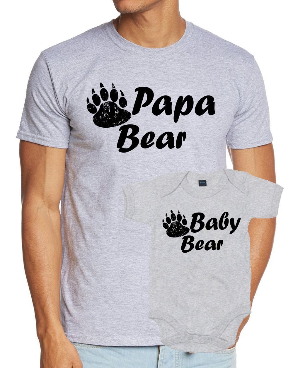 coole-fun-t-shirts Strampler Papa Bear + Baby Bear T-Shirt + Strampler - Neuling Set zur Geburt Hellgrau meliert