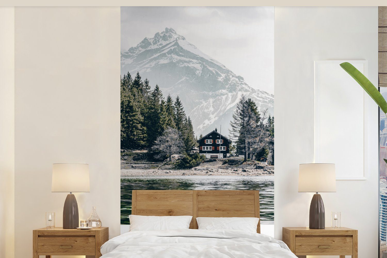 MuchoWow Fototapete Schweiz - Berg bedruckt, (2 Schlafzimmer - Vliestapete für Matt, St), Wohnzimmer Küche, Chalet, Fototapete