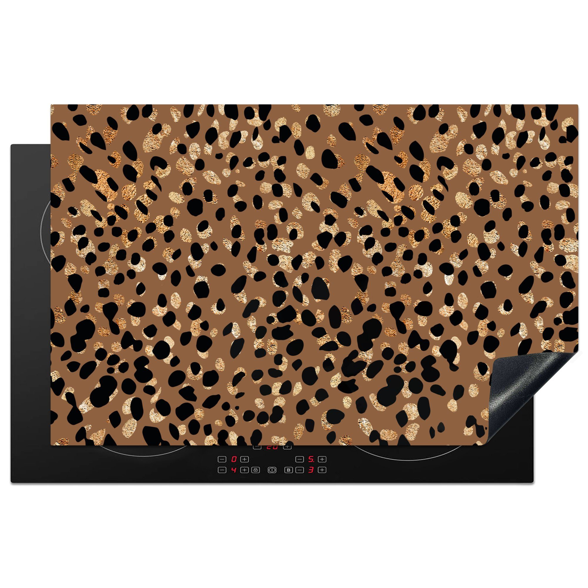 MuchoWow Herdblende-/Abdeckplatte Tiermuster - Leopard - Gold - Braun, Vinyl, (1 tlg), 81x52 cm, Induktionskochfeld Schutz für die küche, Ceranfeldabdeckung