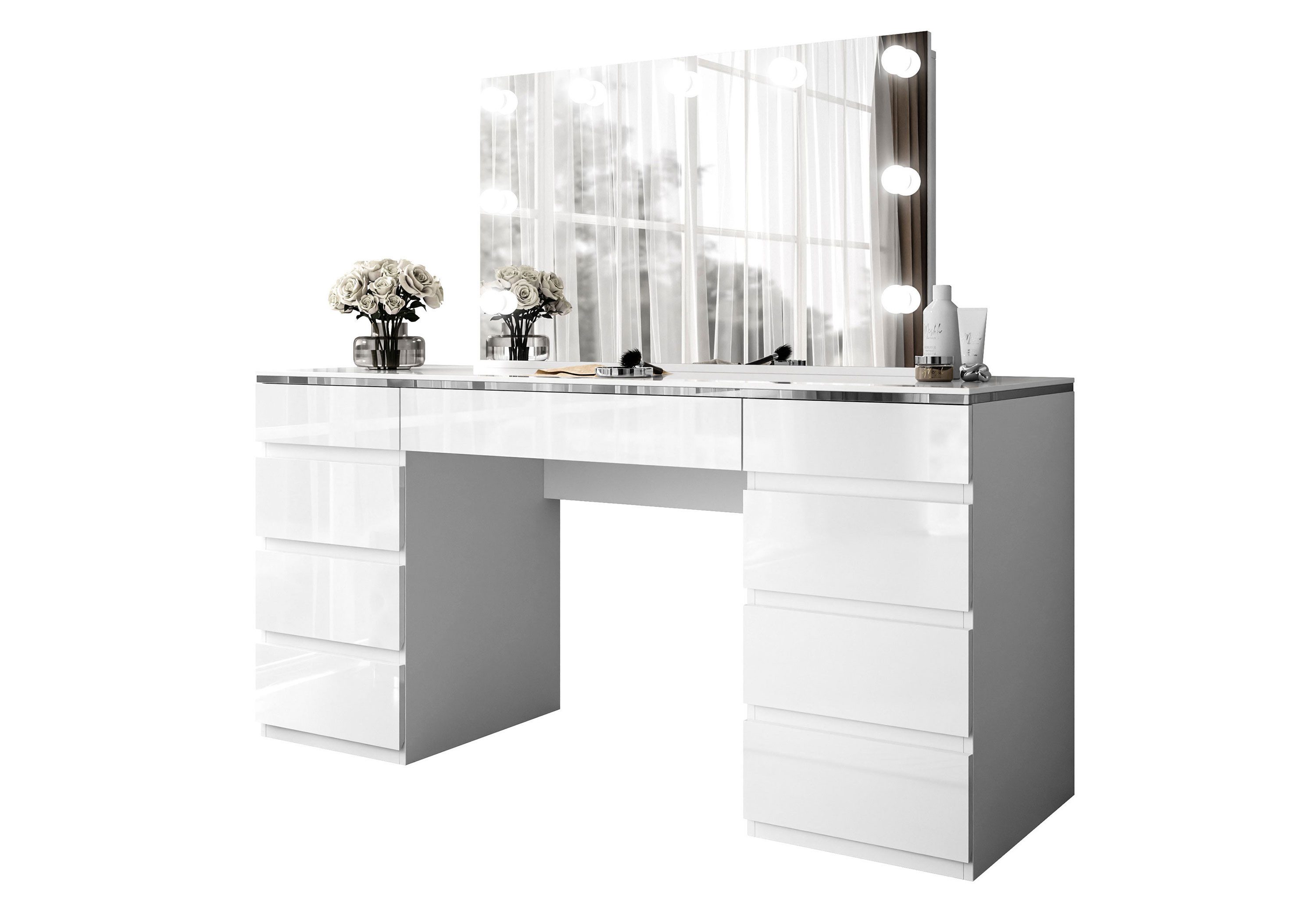 Lookway Schminktisch AURORA DOUBLE SILVER Weiß Hochglanz (1x Schminktisch, 1xSpiegel mit LED), mit Spiegel, mit LED, mit Schubladen, 156,8x79,2x55 cm