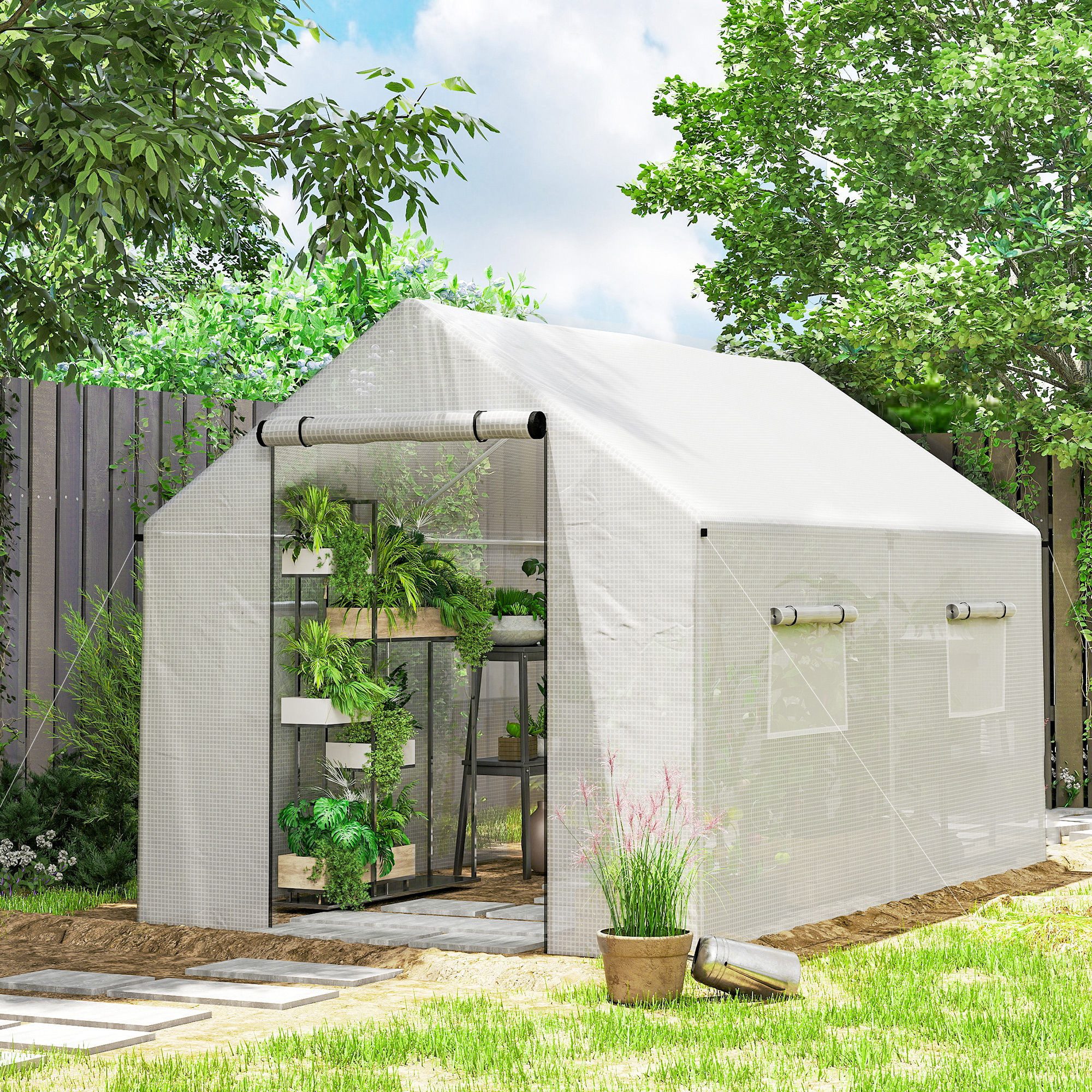 Outsunny Foliengewächshaus Gewächshaus, winddicht mit Rollfenster, Rolltür, UV-Schutz, BxTxH: 200 x 300 x 200 cm, BxLxH: 200 x 300 x 200 cm, Gewächshaus 2-St., Folientunnel, Weiß