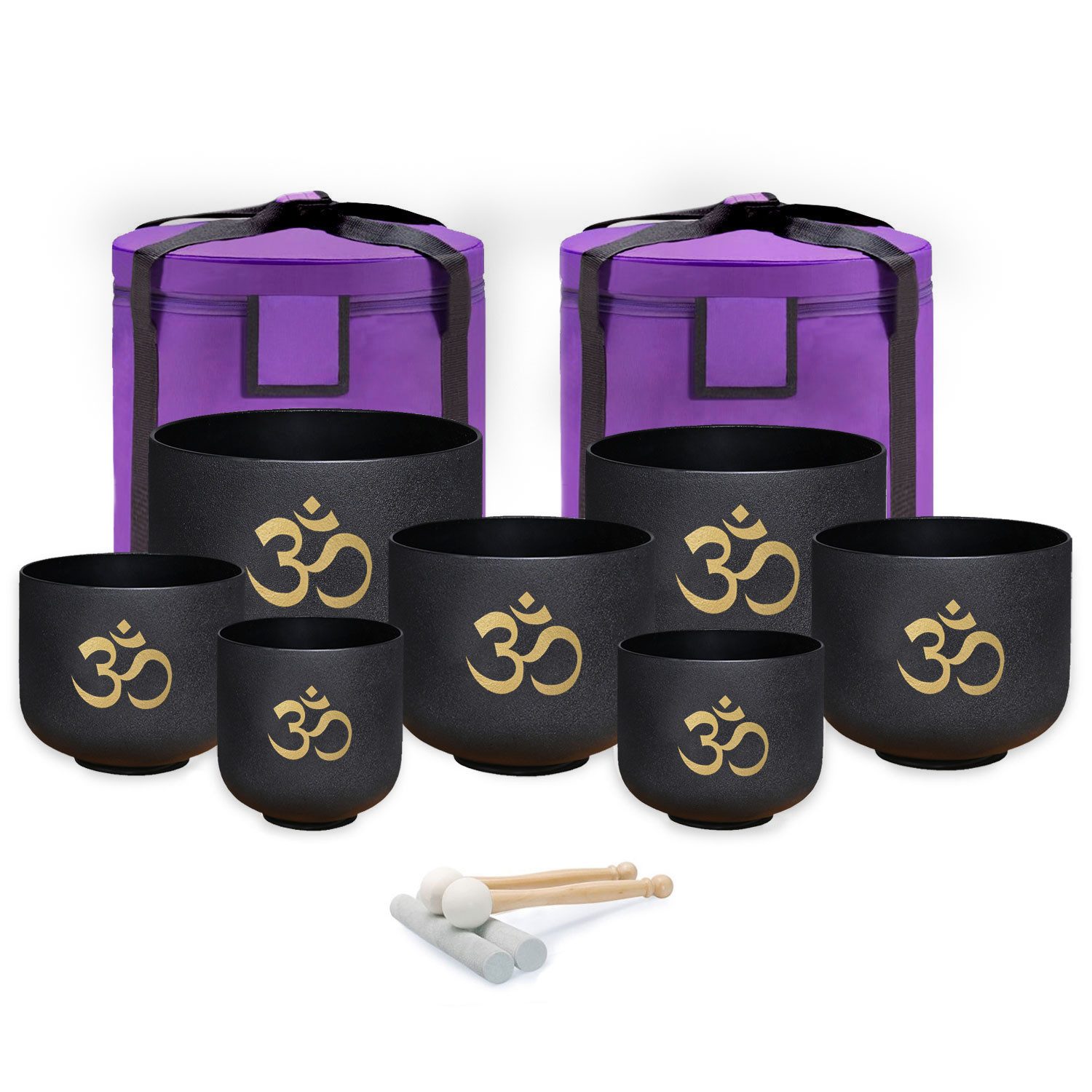 keepdrum Klangschalen keepdrum Klangschalen-Set OM Set Schwarz 6-12 Zoll mit Zubehör,Klangschalen, 7-teiliges Quarz-Klangschalen Set
