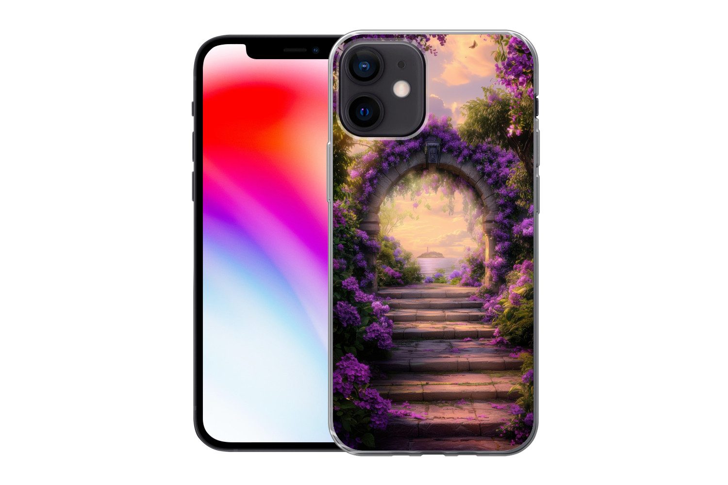 MuchoWow Handyhülle für Apple iPhone 12 Tor - Lila - Blumen, Smartphone-Bumper, Print, Handy Schutzhülle Dünn