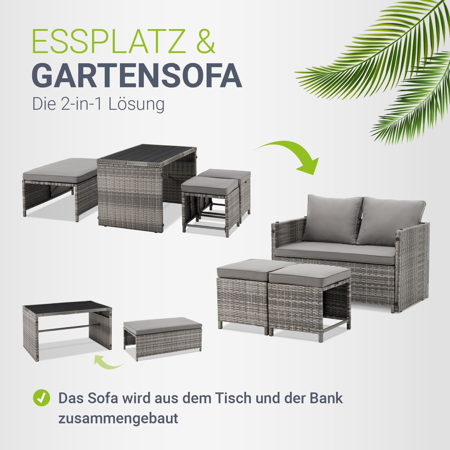 Juskys Gartenlounge-Set Jamaika, 2in1 Polyrattan Set, wetterbeständig, mit Sitzkissen, inkl. Tisch