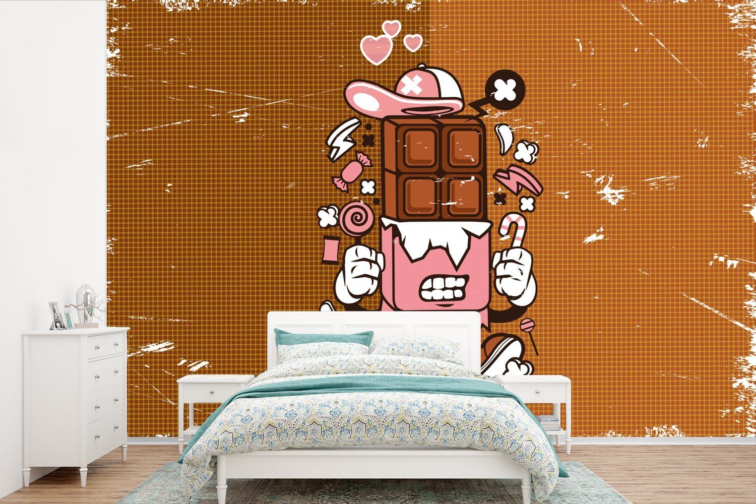 MuchoWow Fototapete Schokolade - Retro - Verpackung, Matt, bedruckt, (6 St), Wallpaper für Wohnzimmer, Schlafzimmer, Kinderzimmer, Vinyl Tapete
