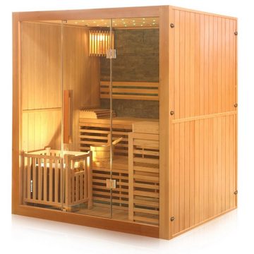 Dewello Sauna SARNIA 180 Finnische Sauna, bis zu 4 Personen, Saunaofen, Harvia 6KW, BxTxH: 180 x 140 x 200 cm, (inkl. 4-teiligem Sauna-Set, schaltbare Beleuchtung, inkl. 6 KW Harvia Ofen mit passenden Lavasteinen) Sauna aus Hemlock-Tannenholz, leichter Aufbau dank Stecksystem