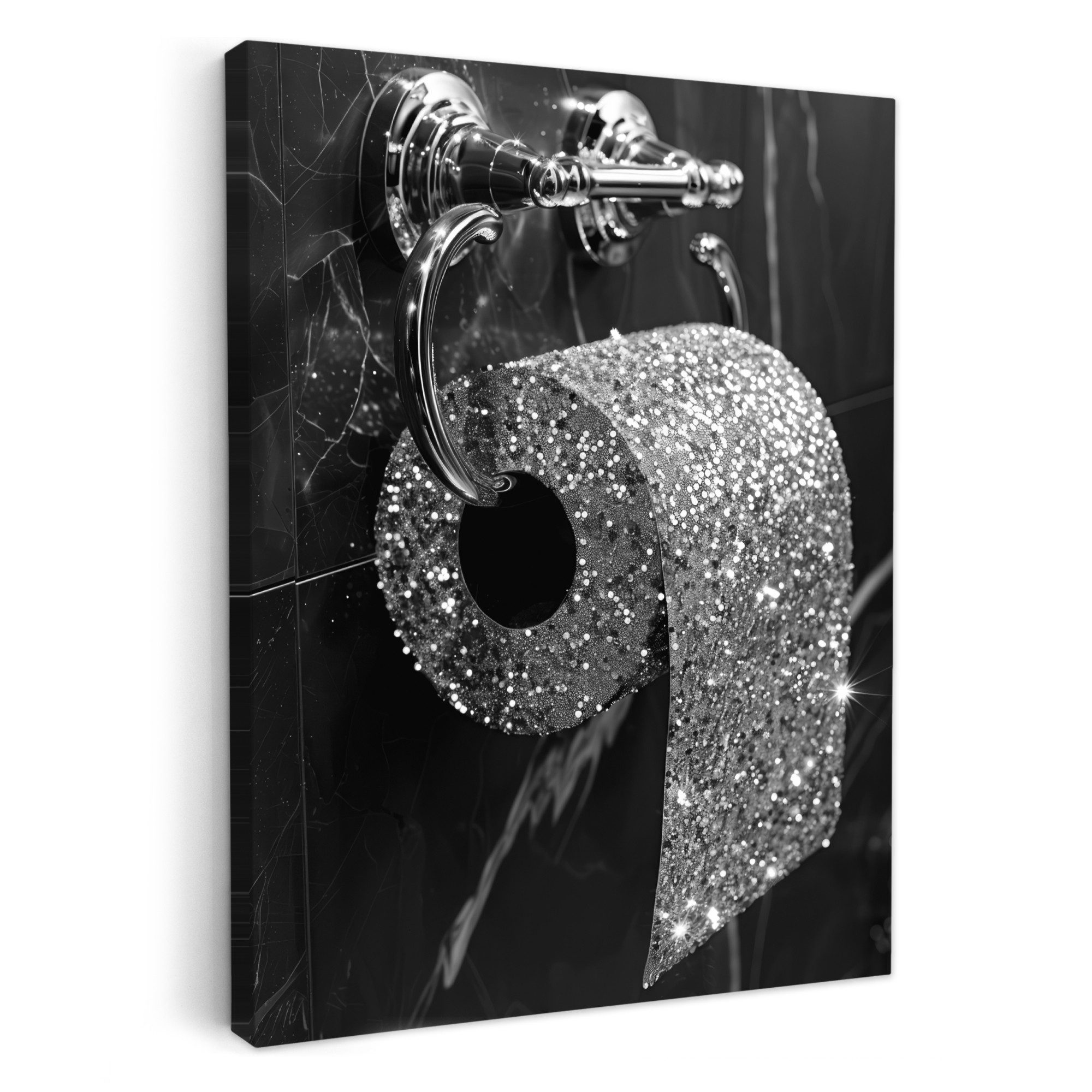 OneMillionCanvasses® Leinwandbild Toilette - Toilettenpapier - Schwarz und weiß - Glitzer, Fotodruck (1 St), Badezimmer Deko, Bilder Bad, Gäste WC Wanddeko 30x40 cm