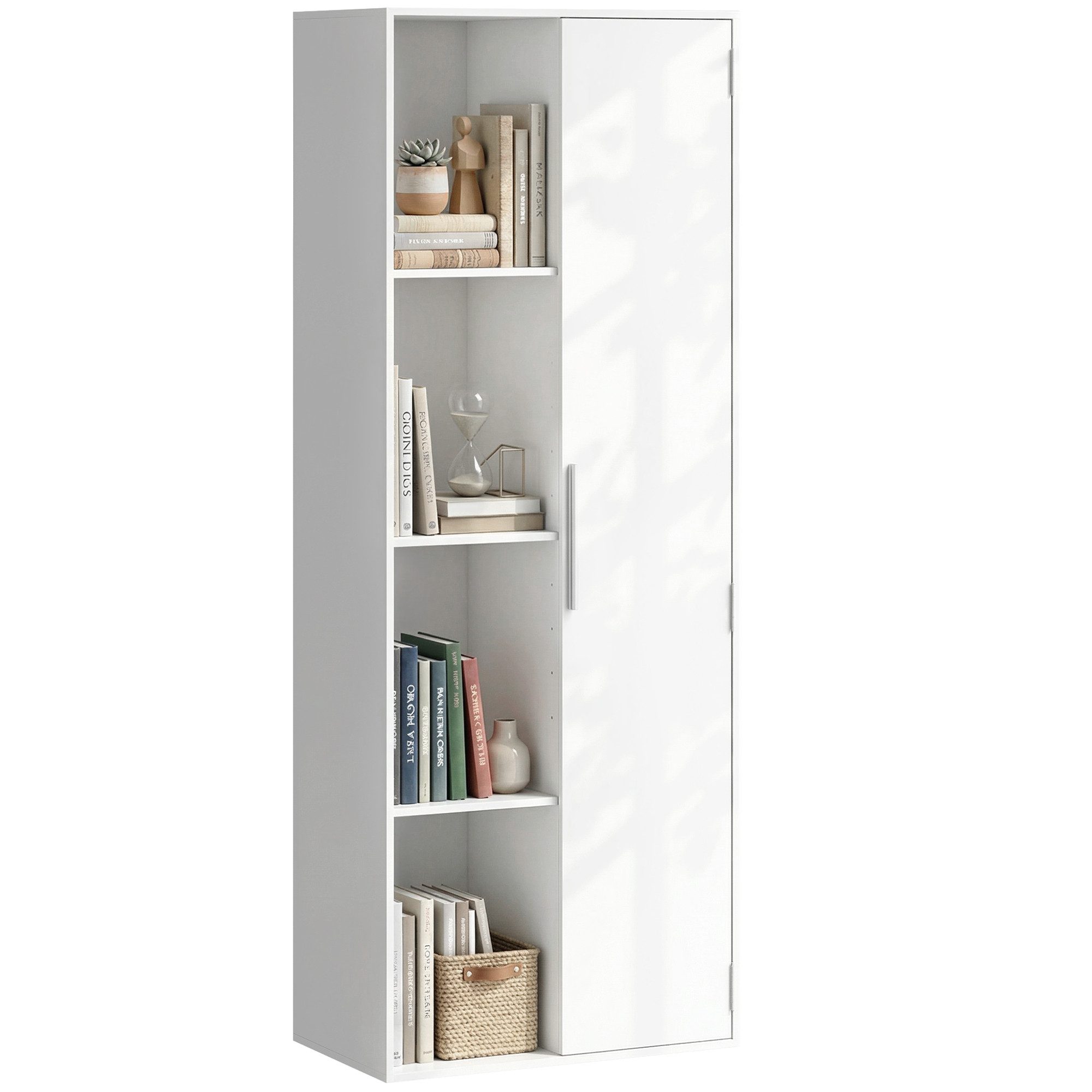 HOMCOM Bücherregal mit Tür und 4 offenen Regalebenen, verstellbaren Ablagen, Bücherschrank 1-tlg., 60 x 35 x 160 cm für Büro, Wohnzimmer, Schlafzimmer, Weiß