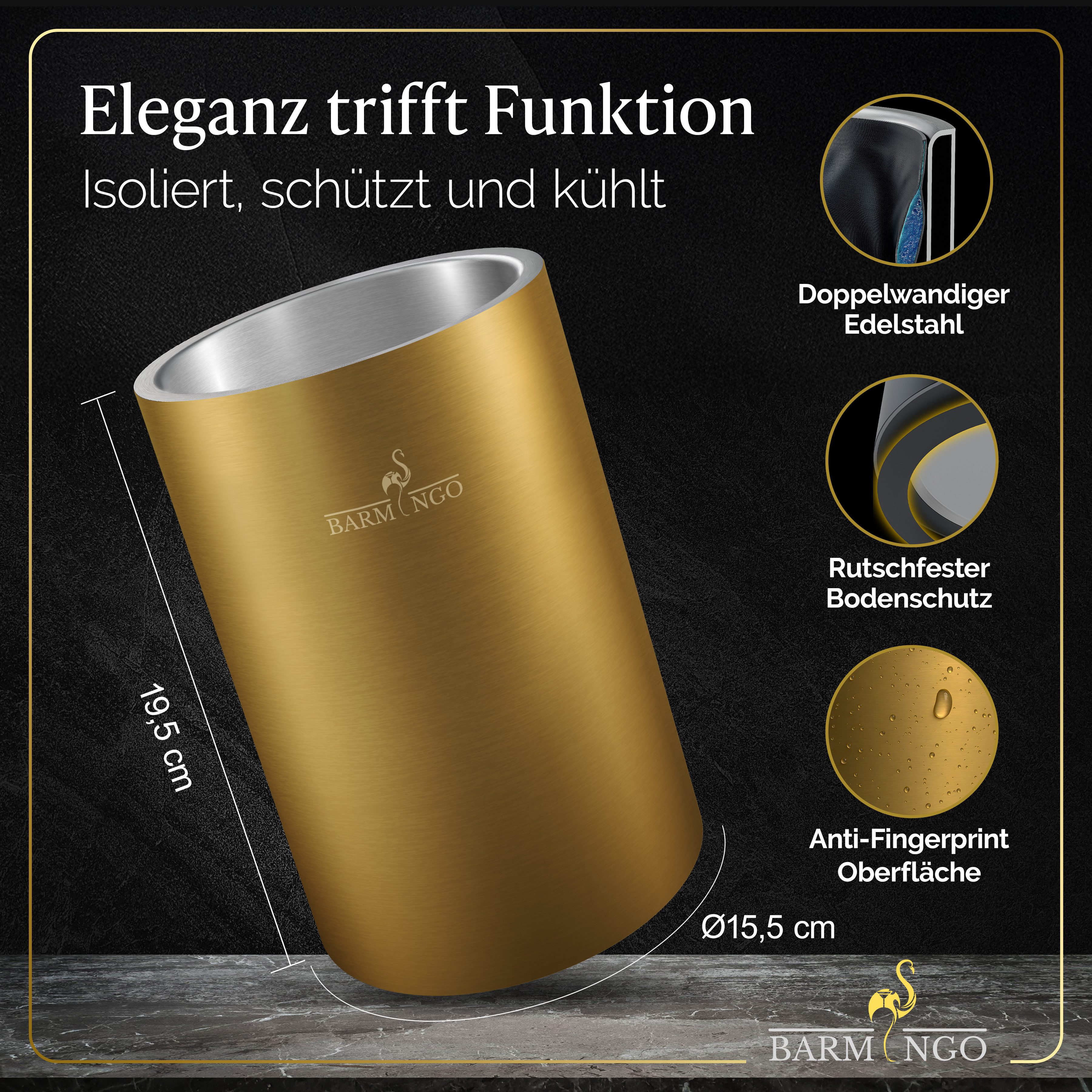 BARMINGO Wein- und Sektkühler Edelstahl mit 2 Kühlmanschetten, Weinflaschenkühler & Getränkekühler, doppelwandiger Flaschenkühler für Wein, Sekt & Champagner