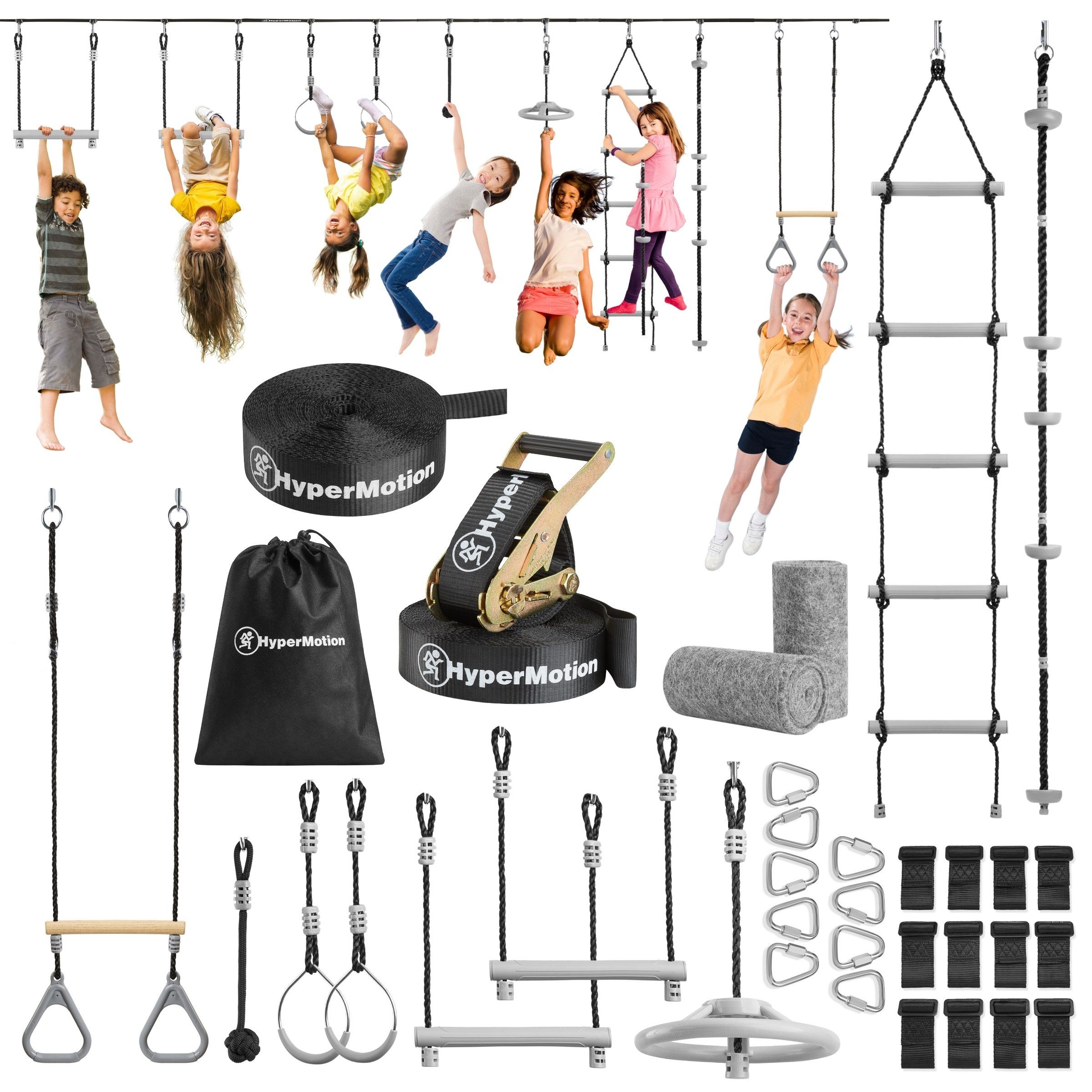 HyperMotion Slackline Ninja Slackline Parcours für Kinder – Mit 9 Hindernissen & Tasche