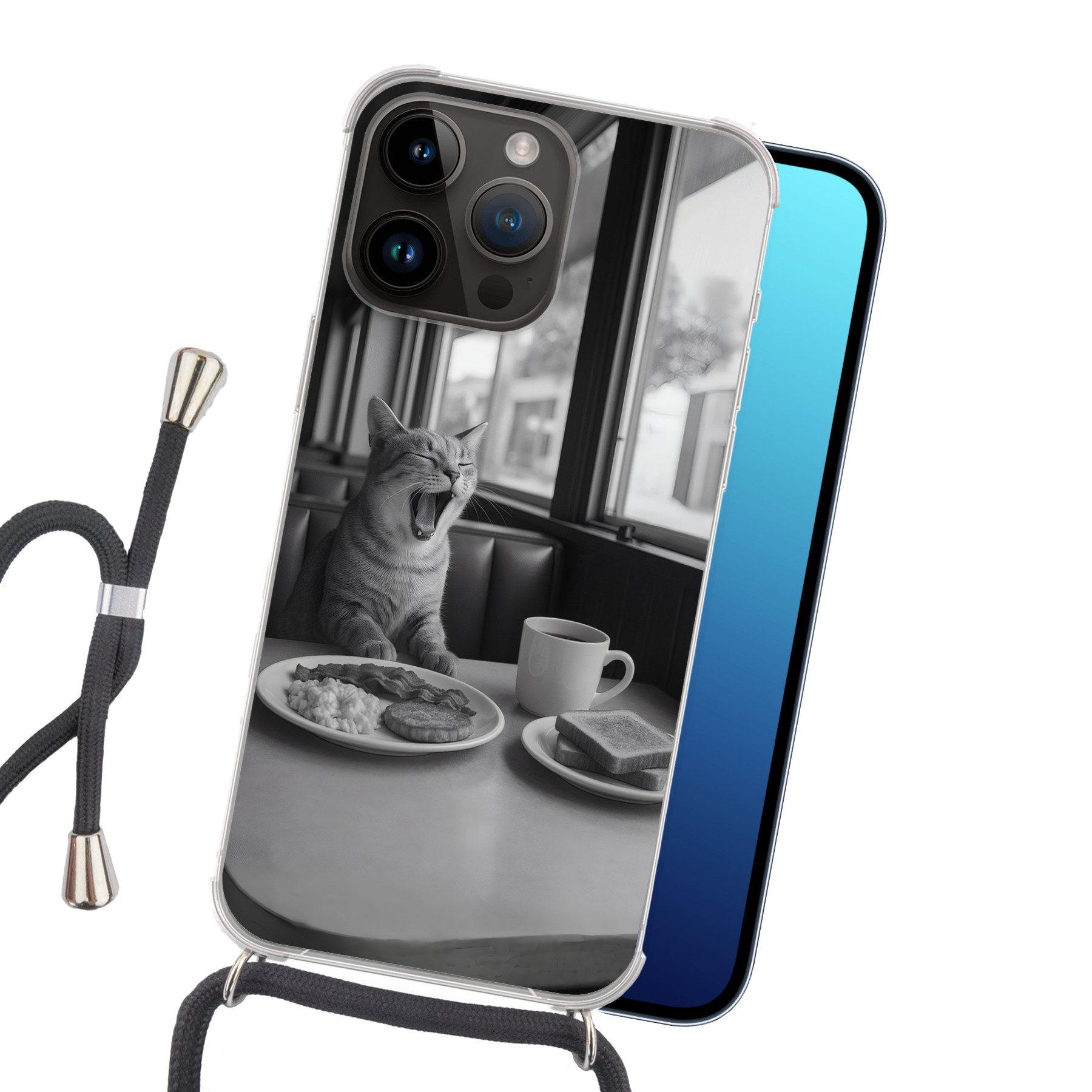 MuchoWow Handyhülle für Apple iPhone 14 Pro Max Katze - Kaffee - Brot - Schwarz, Tragbare Handyhüllen mit Kette zum umhängen, Handykette Handyband