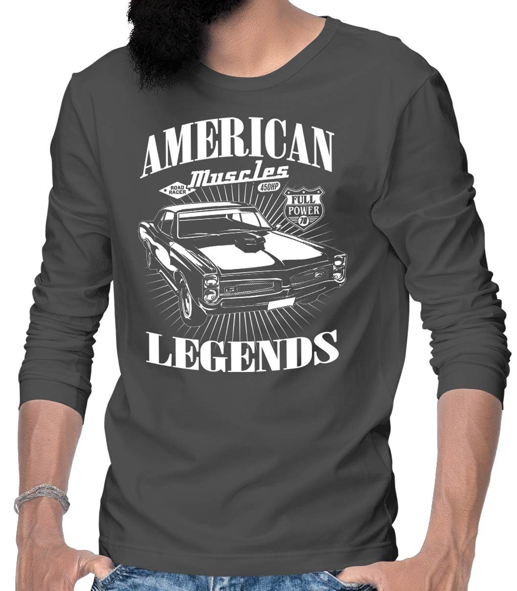Rebel On Wheels Longsleeve Herren Langarm T-Shirt American Legend Muscle Car mit Auto / US-Car Motiv Grau