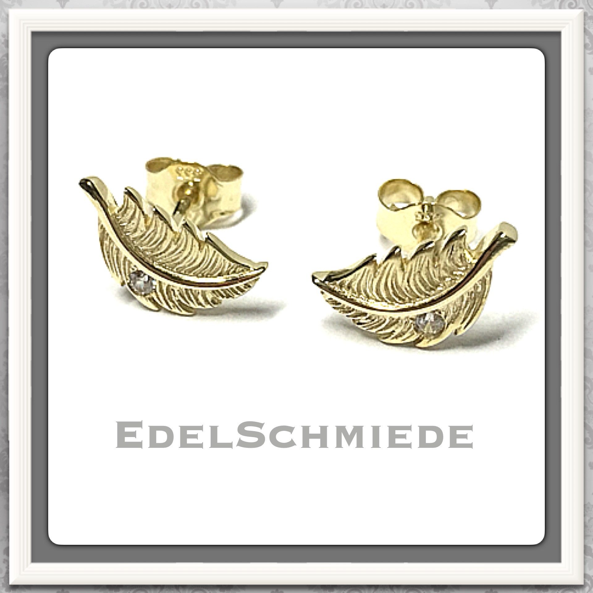 Edelschmiede925 Schmuckset Ohrstecker Feder in 333/- Gelbgold mit Zirkonia