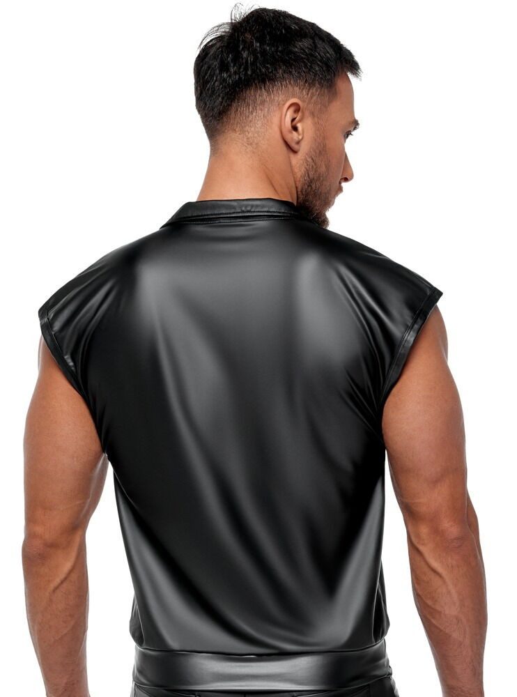 NEK Muskelshirt Wettlook Shirt mit tiefem V-Ausschnitt - schwarz (1-tlg) Vorne überlappend offen, Reverskragen mit Nieten verziert