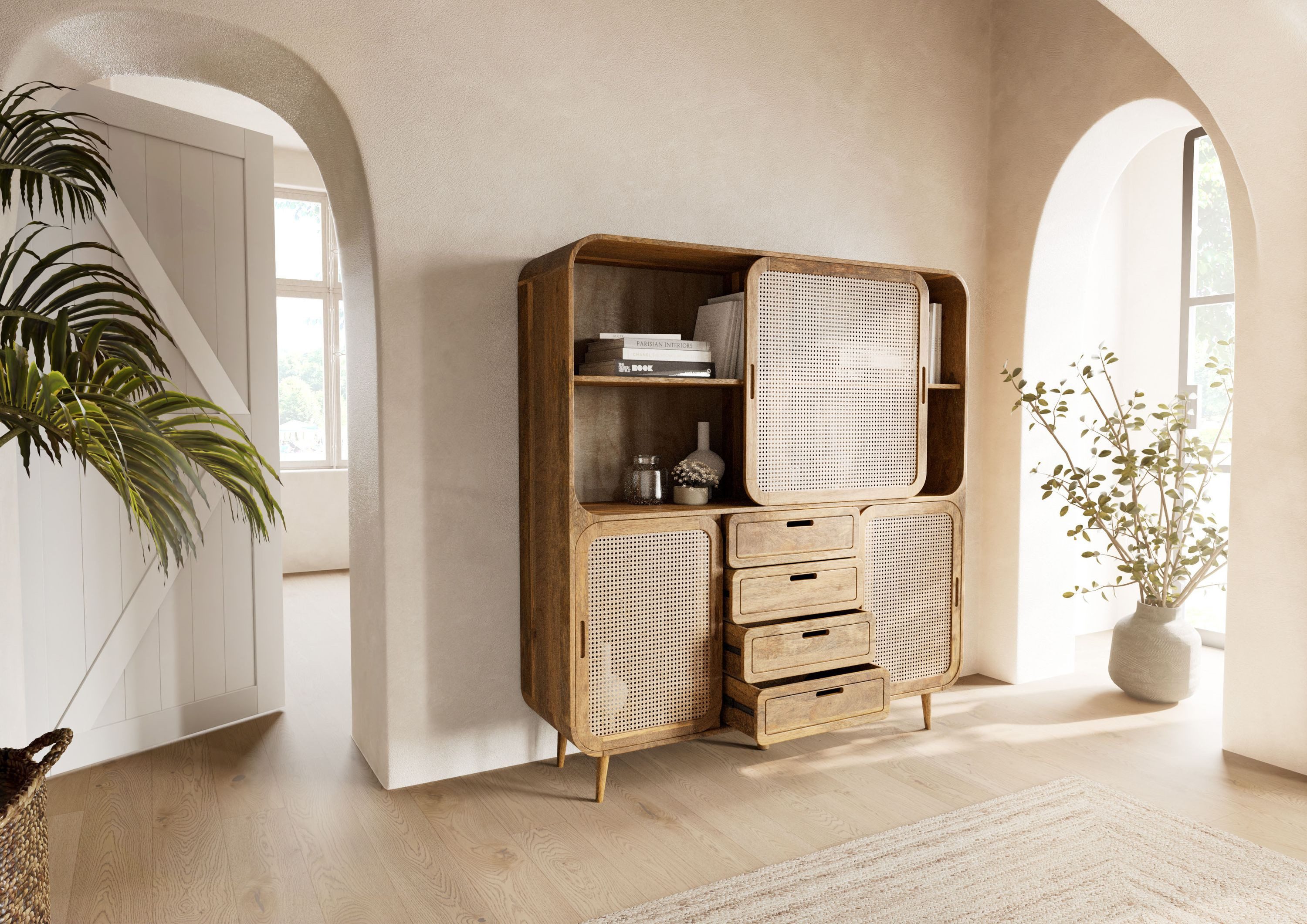 Massivmoebel24 Highboard VALENCIA (Massivholz), Mango 150x40x160 natur lackiert VALENCIA #111