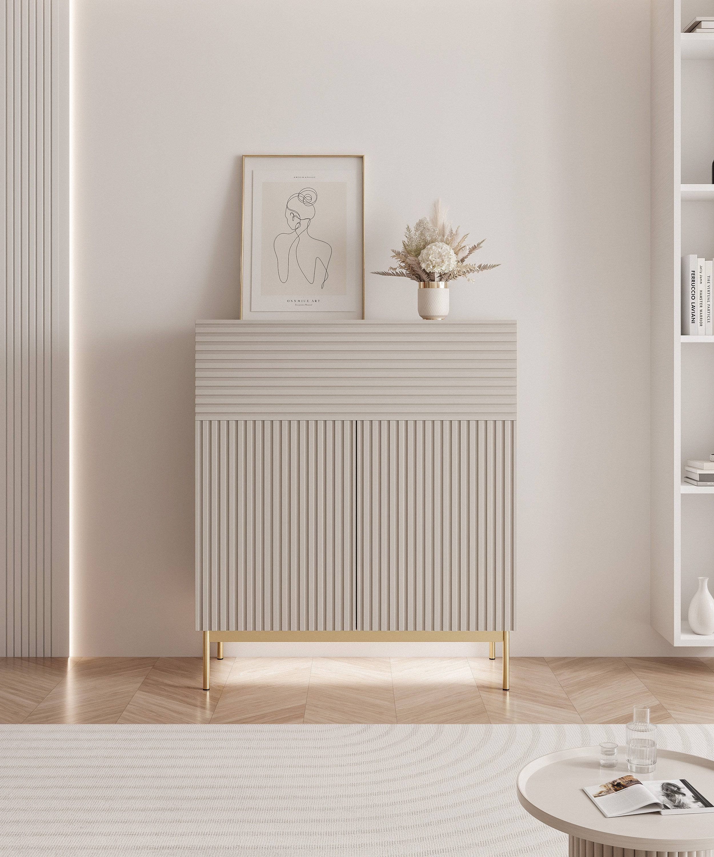 Selsey Highboard LINEARIS, Highboard in Kaschmirgrau mit LED und Rillenfront