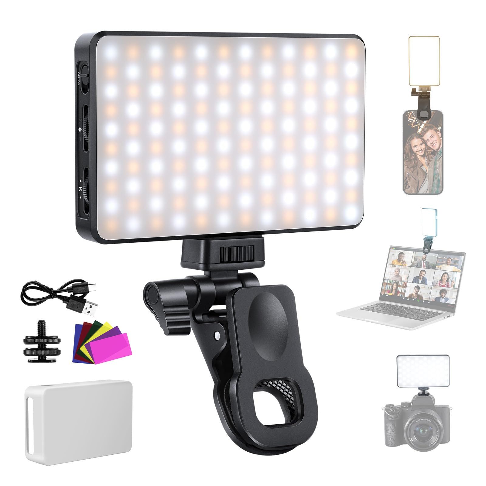 Neewer Videoleuchte BL120B BASICS LED Handy Selfie-Licht, dimmbare, wiederaufladbares, mit Farbfilme/Diffusor, 3000mAh, Ansteck Fülllicht für iPhone Kamera