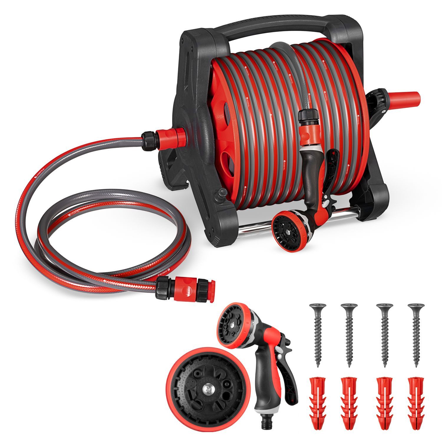 Juskys Schlauchtrommel Basic, 30 m, Multifunktionsbrause, 10 Funktionen, diverse Adapter