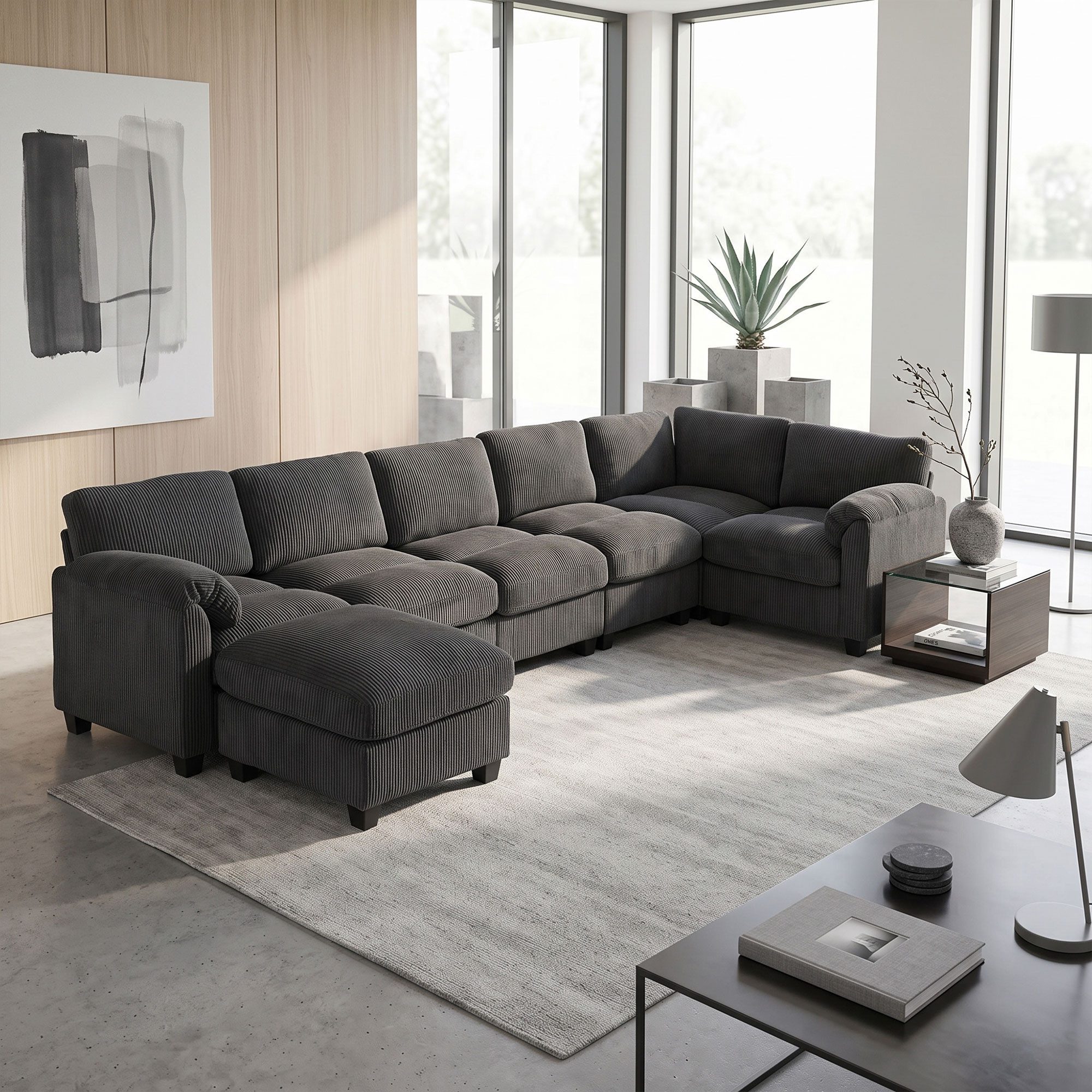 HOMCOM Ecksofa U-Form Sofa mit Federpolsterung, dick gepolsterte Armlehnen, Eckcouch 1 Teile, aus Cord für Wohnzimmer, 292x224x85 cm Dunkelgrau