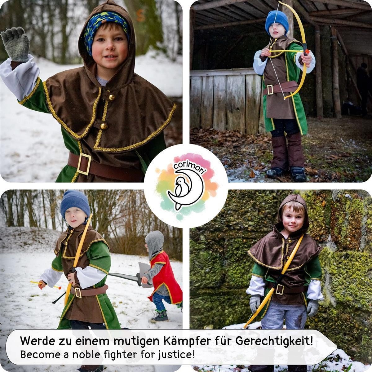 Corimori Ritter-Kostüm Robin Hood Karnevalskostüm Set, Kinder, braun/grün, Fasching, Kostüm, Mittelalterfest, Jungen, mit Pfeil und Bogen