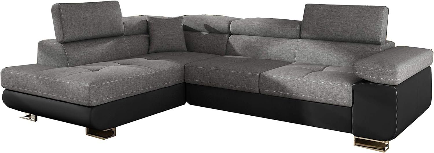 MOEBLO Ecksofa ALESIO, Couch L-Form Polstergarnitur Wohnlandschaft Polstersofa mit mane Couchgranitur, Verstellbaren Kopfstützen, mit Schlaffunktion und Bettkasten Hellgrau + Schwarz (Sawna 21+Soft11)