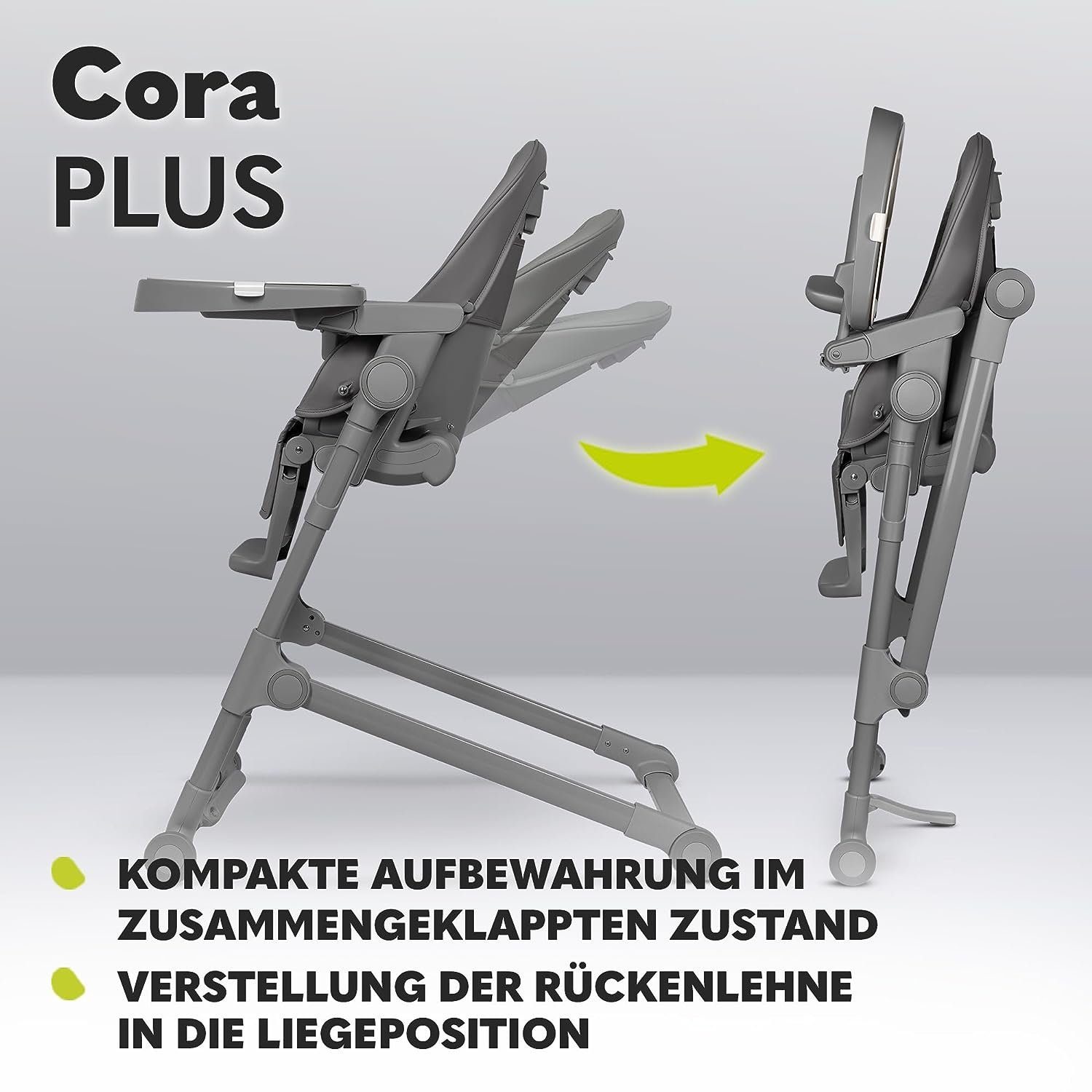 lionelo Hochstuhl Cora Plus mit Konstruktion, 2-IN-1 Robuste Grau (Set), STUHL: Fütterungsstuhl und Liegefunktion, Sichere bis Jahre 3
