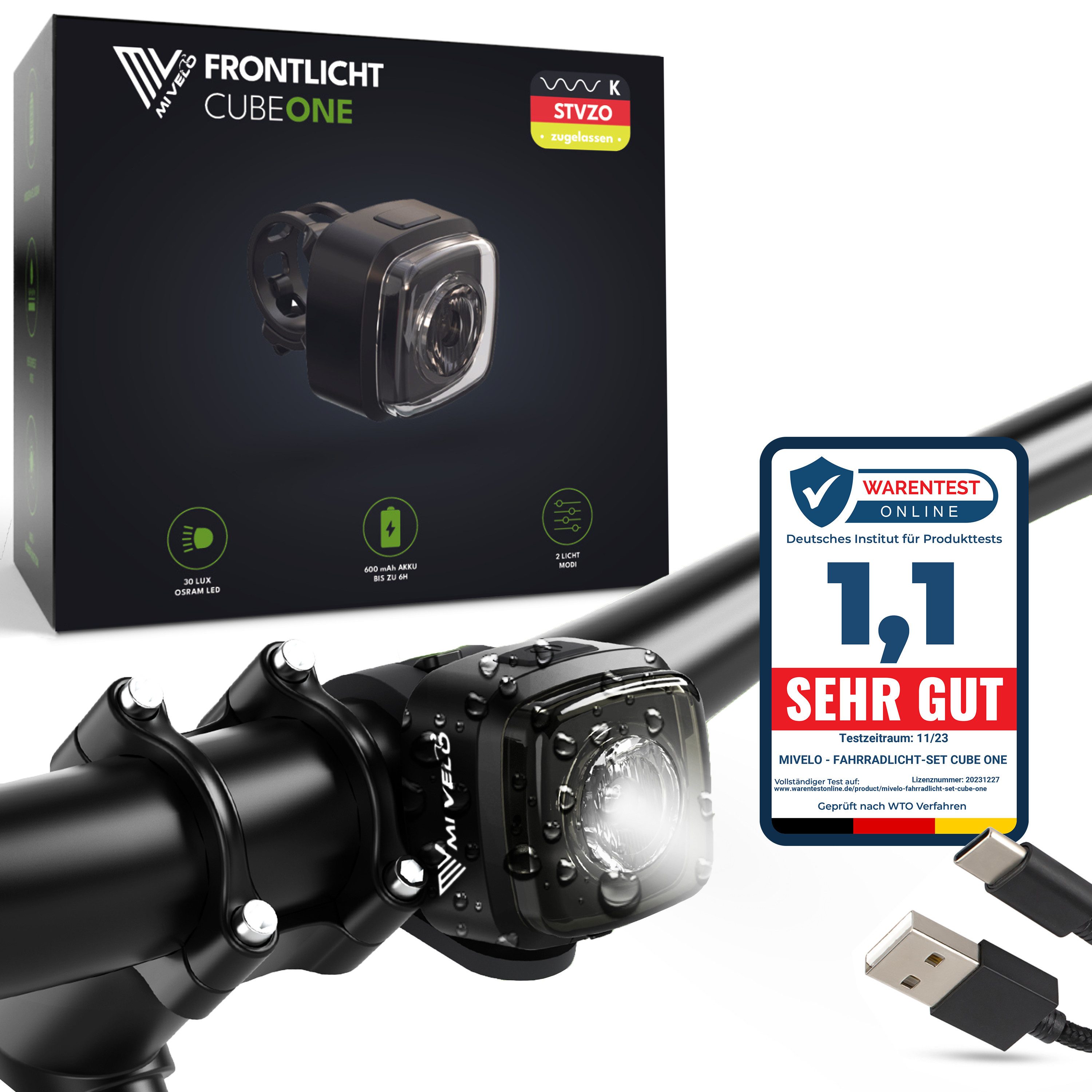 MIVELO Fahrradbeleuchtung CUBE Fahrradlicht Set LED - Akku USB aufladbar wasserdicht, OSRAM LED