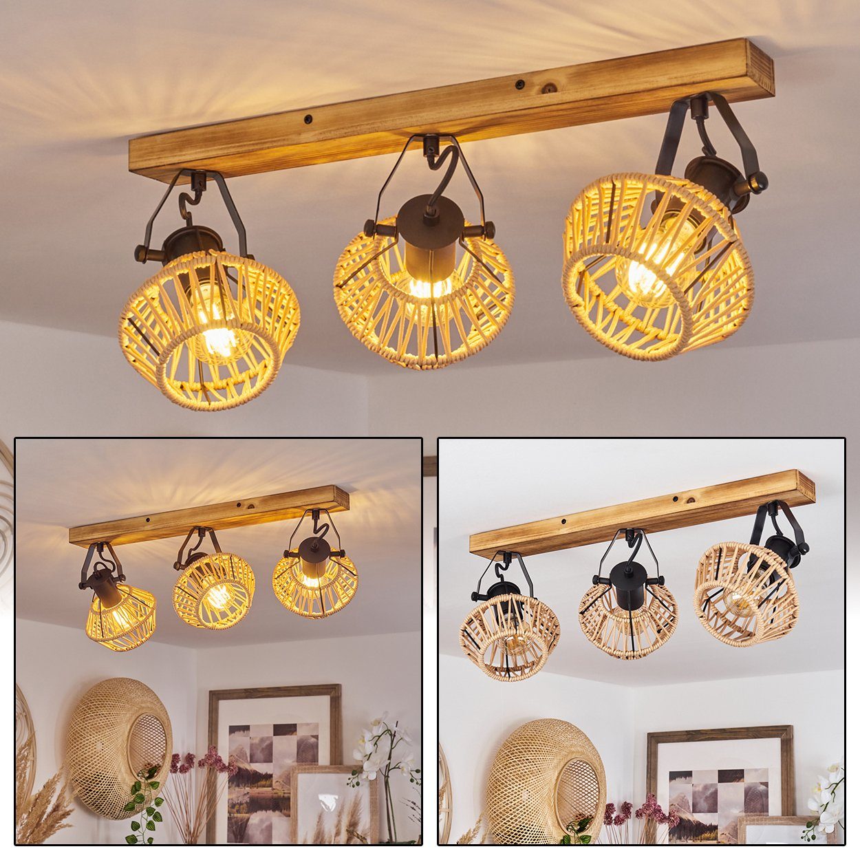 hofstein Deckenleuchte »Corna« moderne aus Leuchtmittel, 3xE27 Leuchte Design Boho Schirmen im Holz/Hanfseil/Metall (16cm) in Deckenlampe ohne Natur/Schwarz, mit verstellbaren