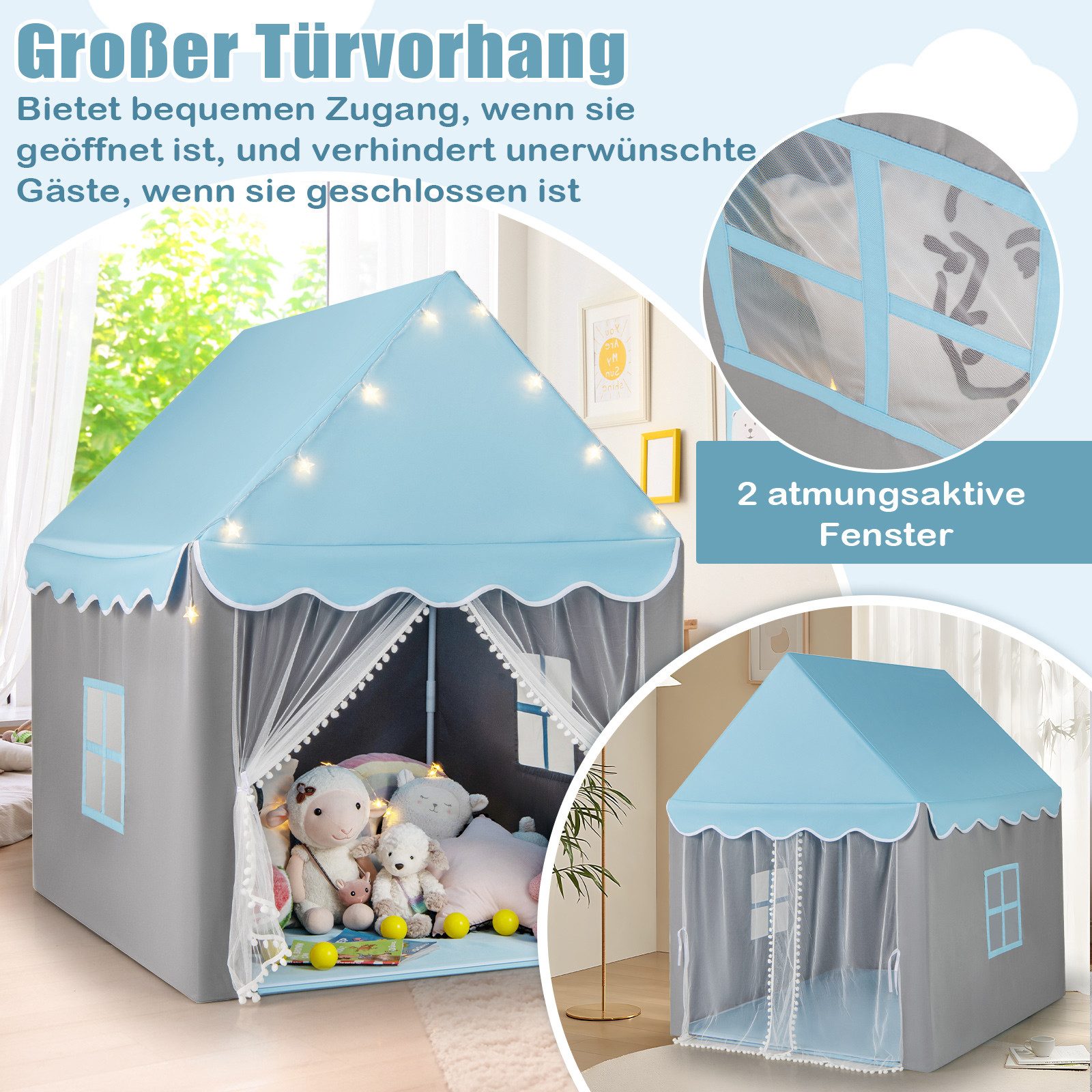 COSTWAY Spielzelt Spielhaus mit LED & Matte, 105 x 121 x 136cm, Outdoor
