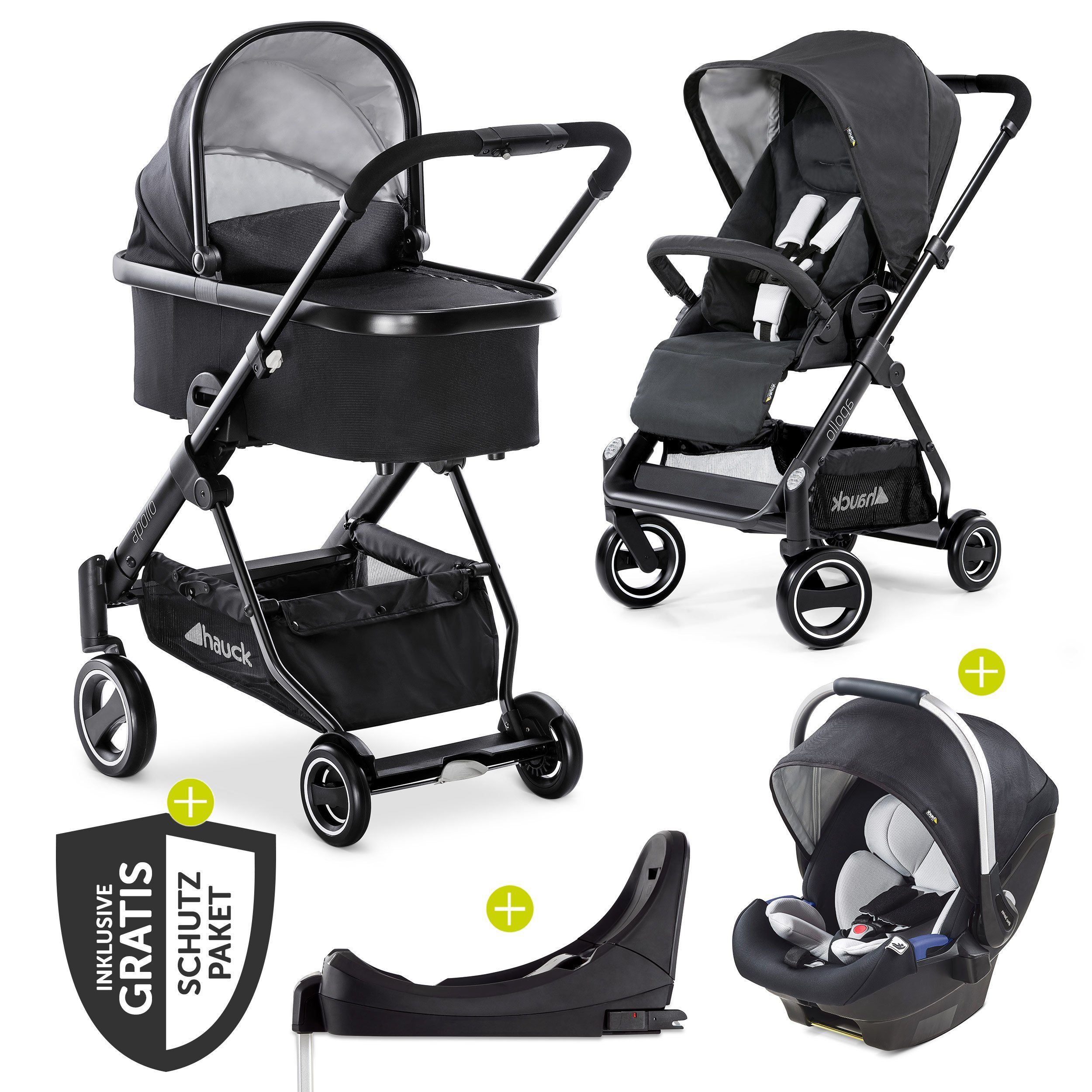 Hauck Kombi-Kinderwagen »Apollo - Caviar«, (9-tlg), 4in1 Kinderwagen-Set inkl. Autositz, Isofix ...