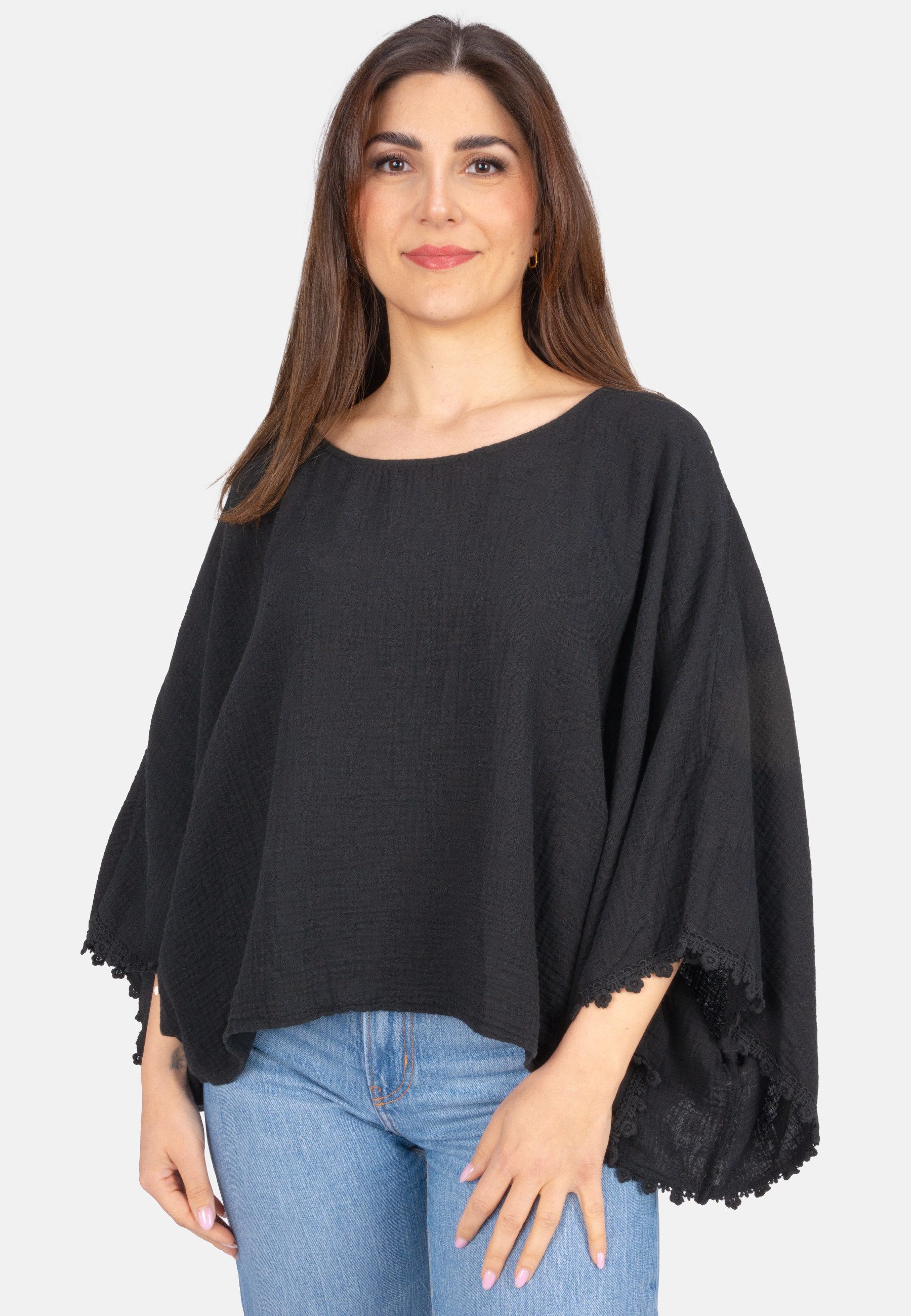 Seasons of April Kurzarmbluse MATHILDA MUSSELIN OVERSIZED Kurze, weite Damen Musselin Bluse, Boho, Bordüre, Oversized, One Size