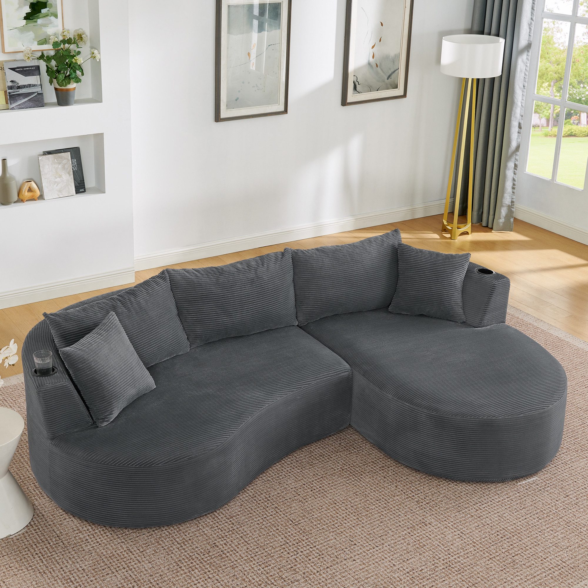 STILVORA Loungesofa mit Getränkehalter 3-Sitzer Kompressionssofa mit Kissen Cord Grau, Relaxsofa mit Bogenförmiges Design, für Wohnzimmer, Hotels, Apartments und Büros