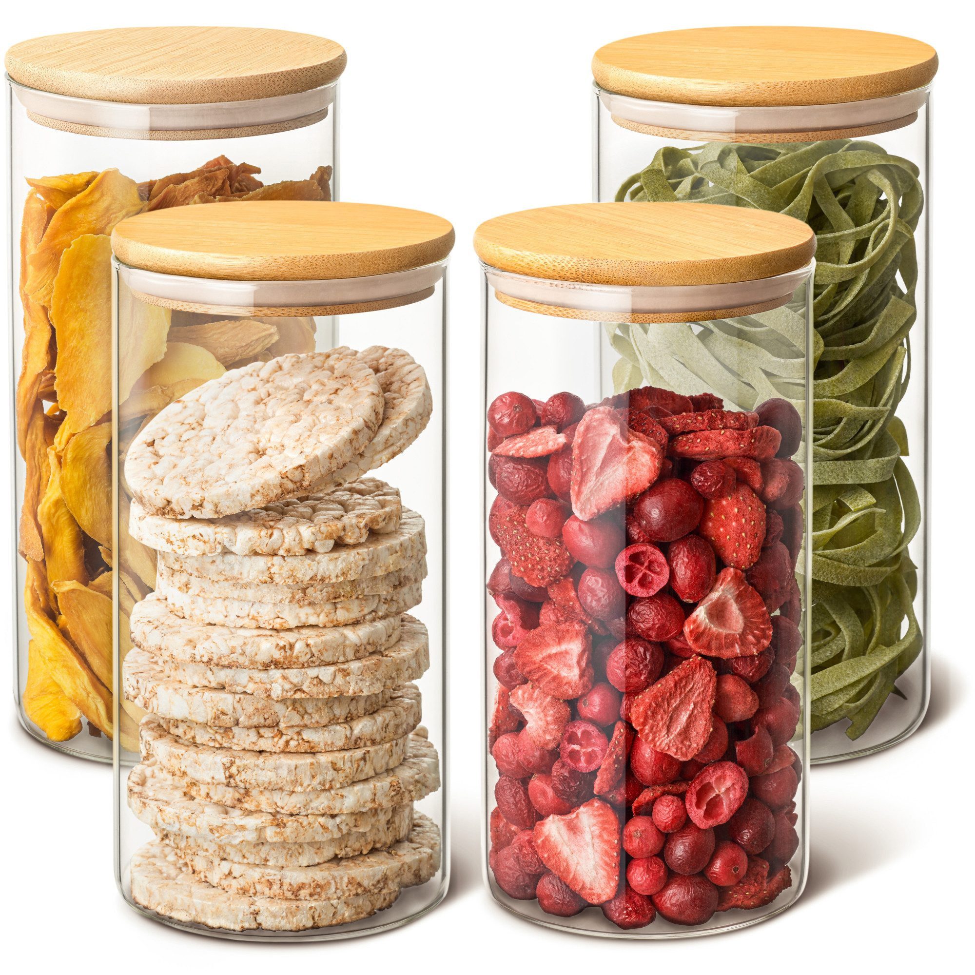 Fyrove Vorratsglas Vorratsglas Stapelbares und Luftdichtes Vorratsdosen Set mit Deckel, (4-tlg., Aromaschützend, Robust, Stapelbar, Platzsparend), 1000ml Aufbewahrung Küche Lebensmittel aus Glas mit Bambusdeckel