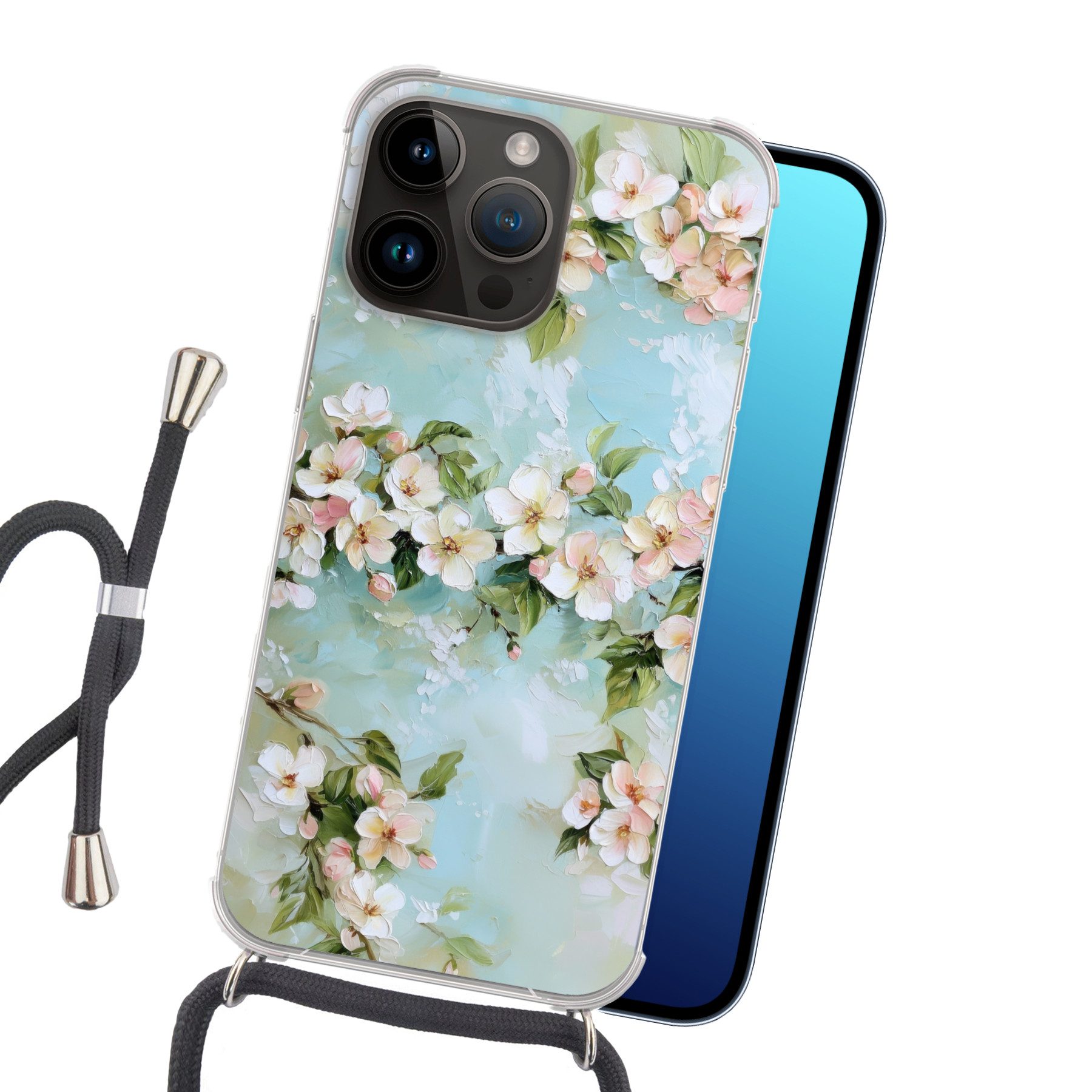 MuchoWow Handyhülle für Apple iPhone 14 Pro Blüte - Blätter - Hellblau, Tragbare Handyhüllen mit Kette zum umhängen, Handykette Handyband
