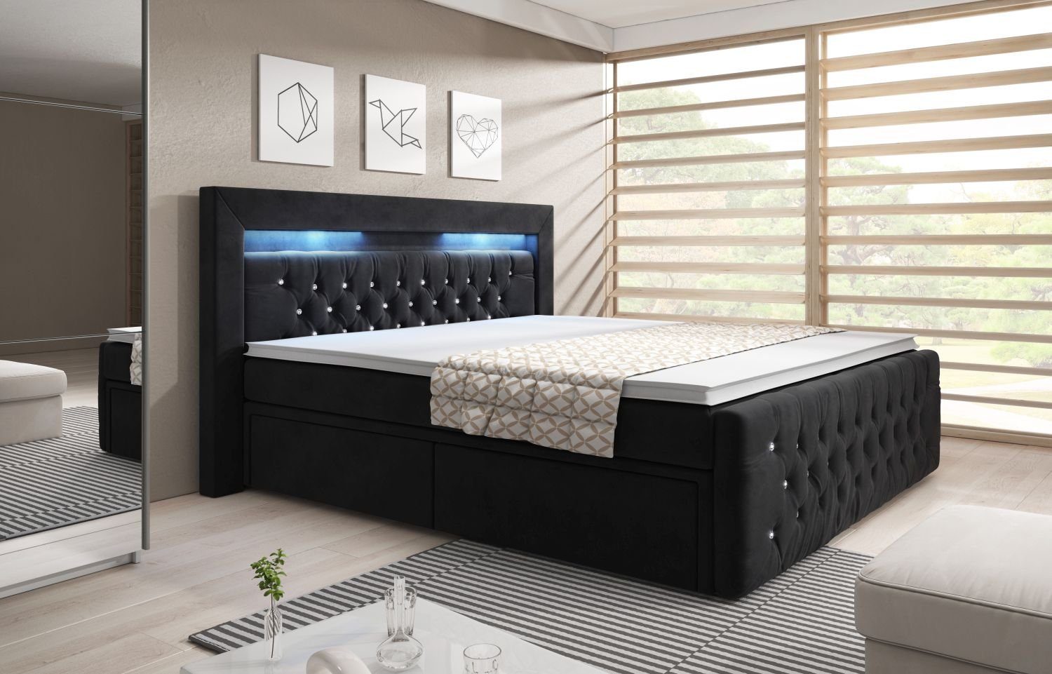 Lukas Möbel Boxspringbett Chesterfield Boxspringbett Venezia mit Bettkasten und LED, Chesterfield-Design