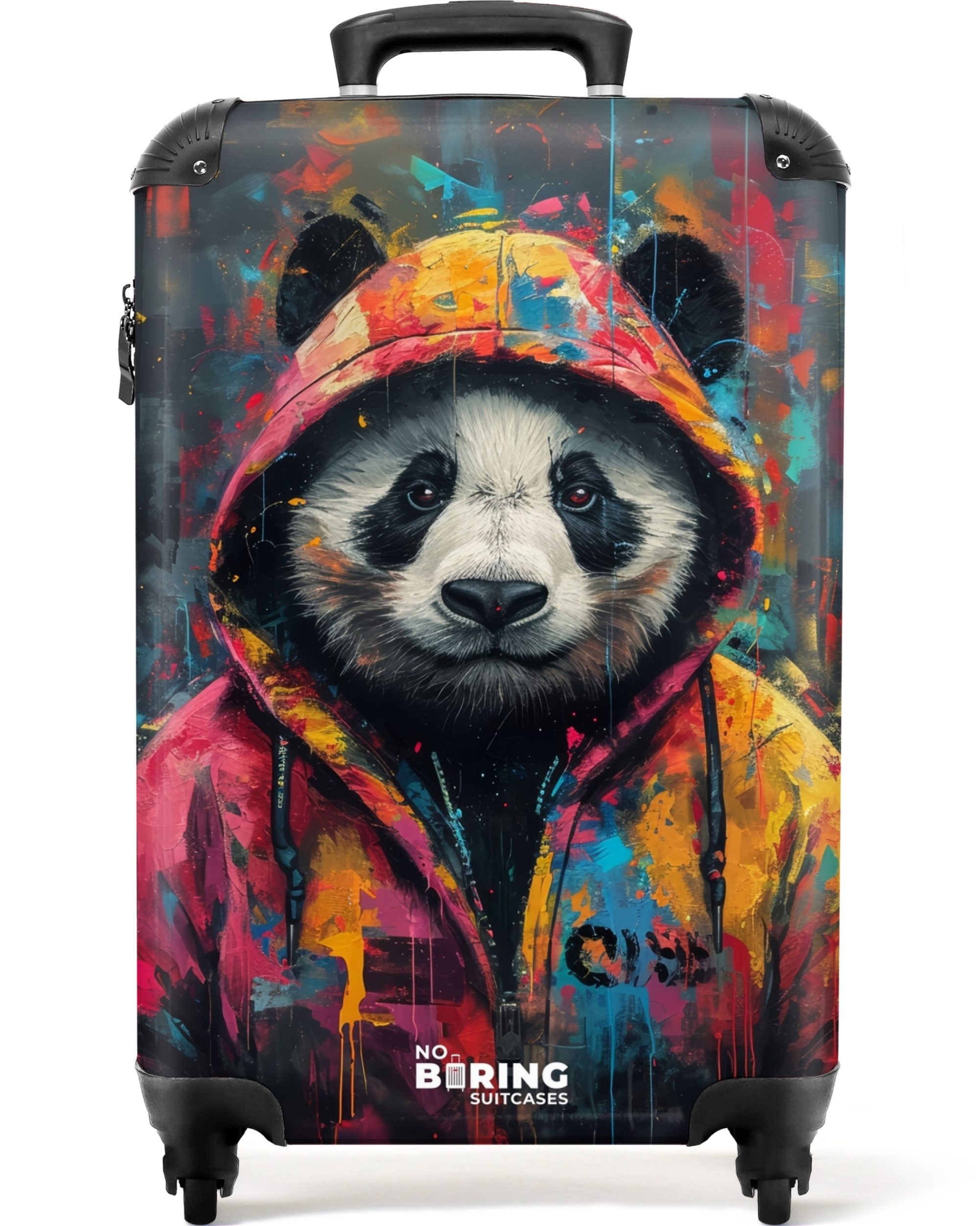 NoBoringSuitcases.com© Hartschalen-Trolley Panda mit buntem Fell und Farbspritzern 55x35x20cm, Reisetasche mit Rollen, Koffer Handgepäck Flugzeug