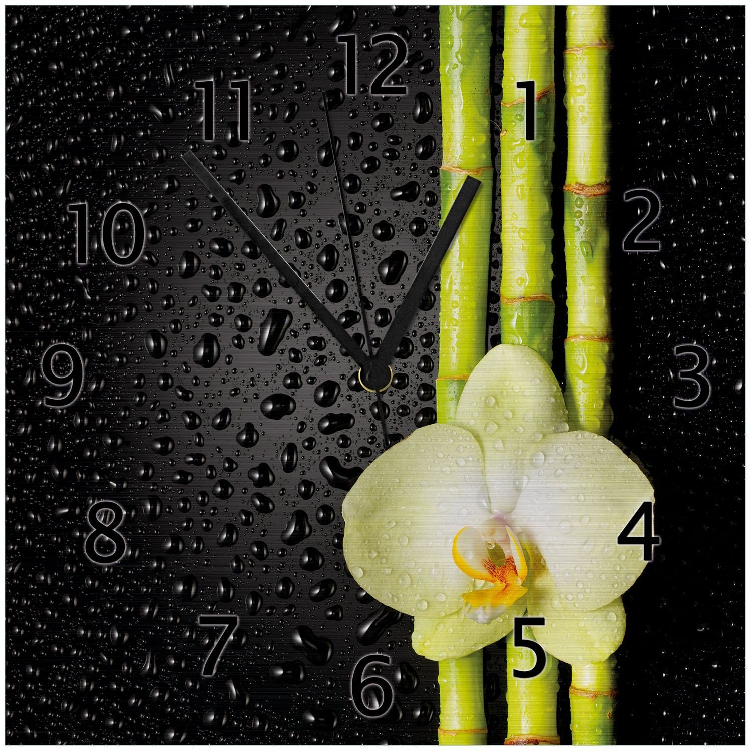 Bambus - auf Wallario (Aluverbunduhr) Regentropfen schwarz mit Wanduhr Orchidee Grüne