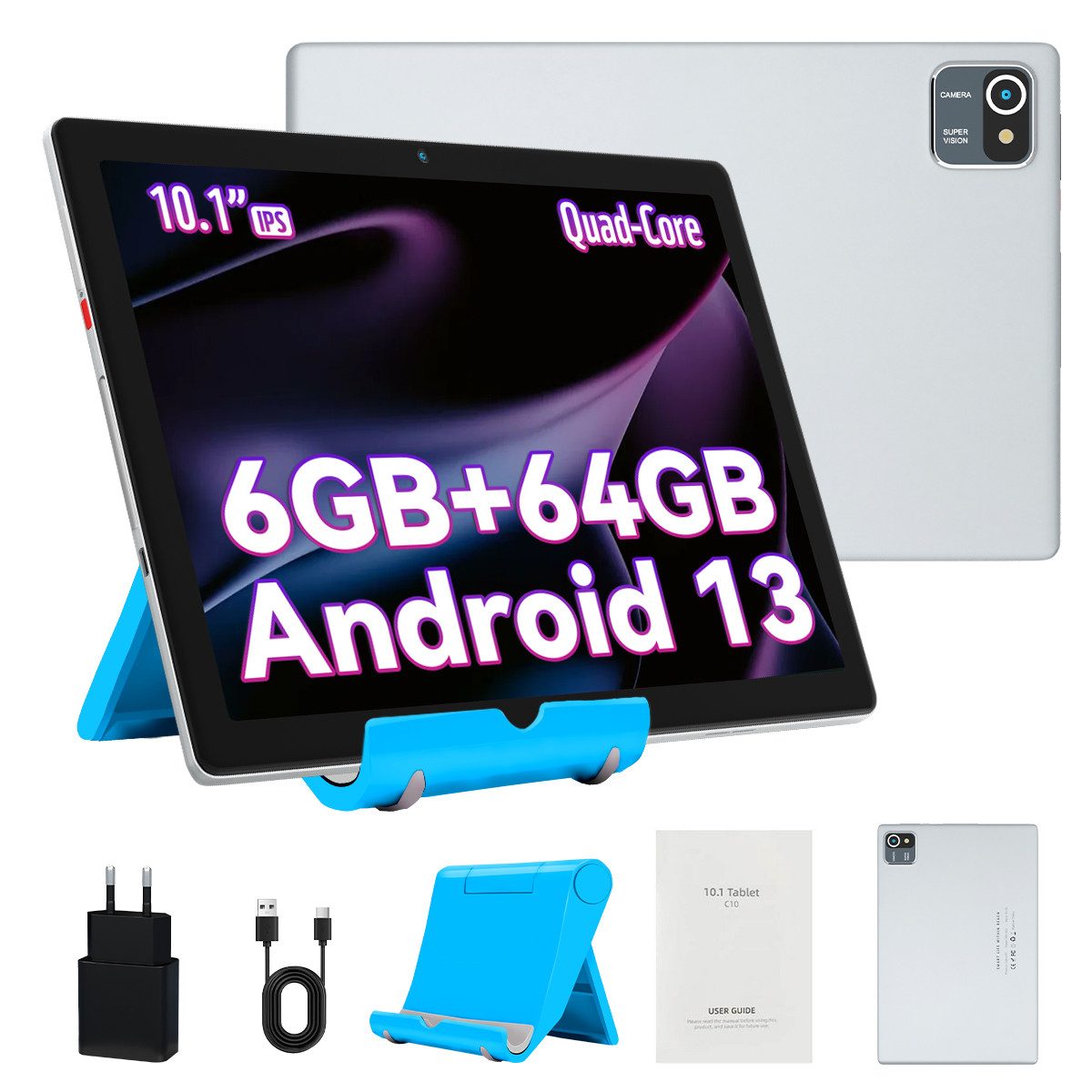 BUFO 10 Zoll HD Display 6GB RAM 64GB Erweiterbar auf 128 GB WiFi Android 13 Tablet (10,1", 64 GB, Android 13, WiFi, Große Kapazität, Google-Diensten und -Apps, mit Ständer)