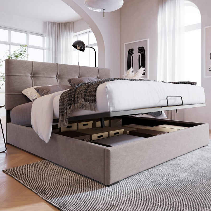 OKWISH Polsterbett Jugendbett (140x200cm ohne Matratze), Bett mit Lattenrost aus Metallrahmen, Samt, Hellgrau