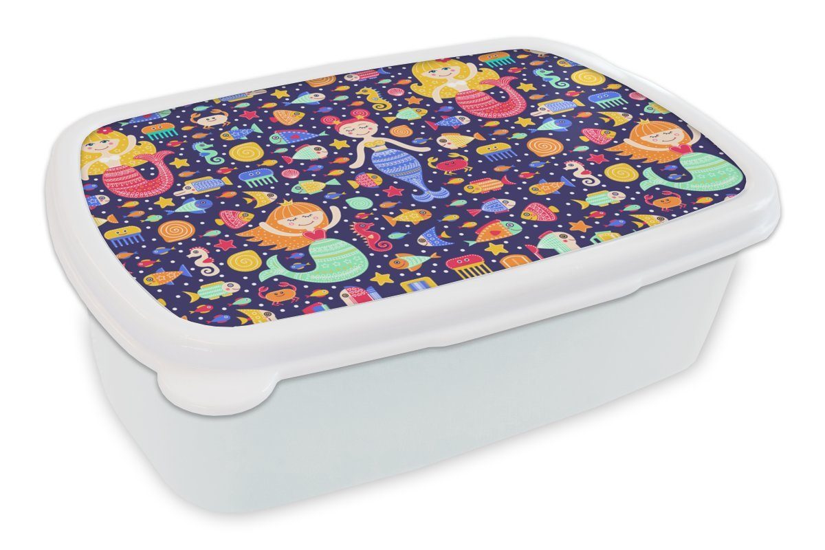 MuchoWow Lunchbox Meerjungfrau - Fisch - Muster, Kunststoff, (2-tlg), Brotbox für Kinder und Erwachsene, Brotdose, für Jungs und Mädchen weiß